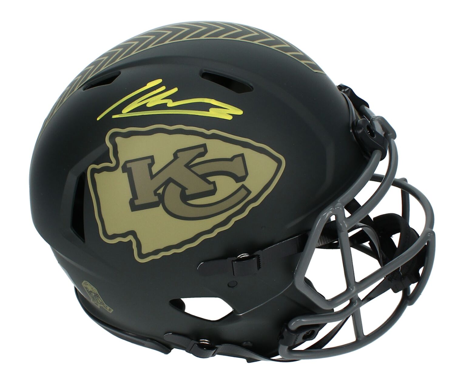 Kenneth Walker III Autographed (in Yellow) Kansas City Chiefs 2025 Salute to Service Speed Authentic Helmet Beckett
