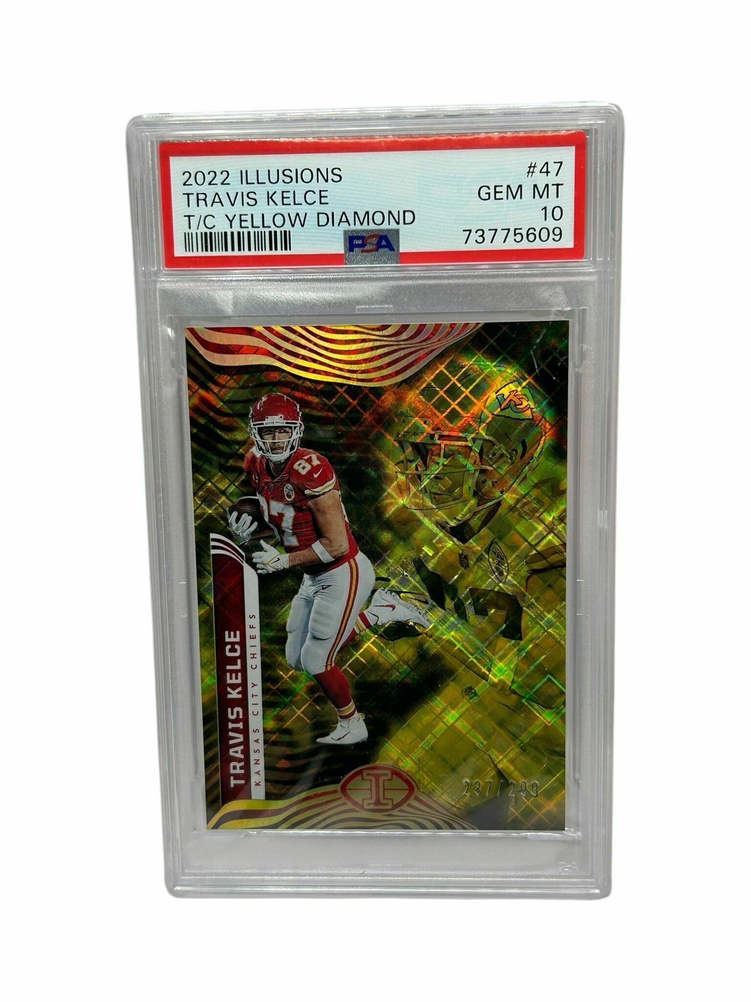 Travis Kelce 2022 Panini Illusions Football Trophy Collection Yellow Diamond /299 Trading Card - PSA Grade 10 Gem Mint