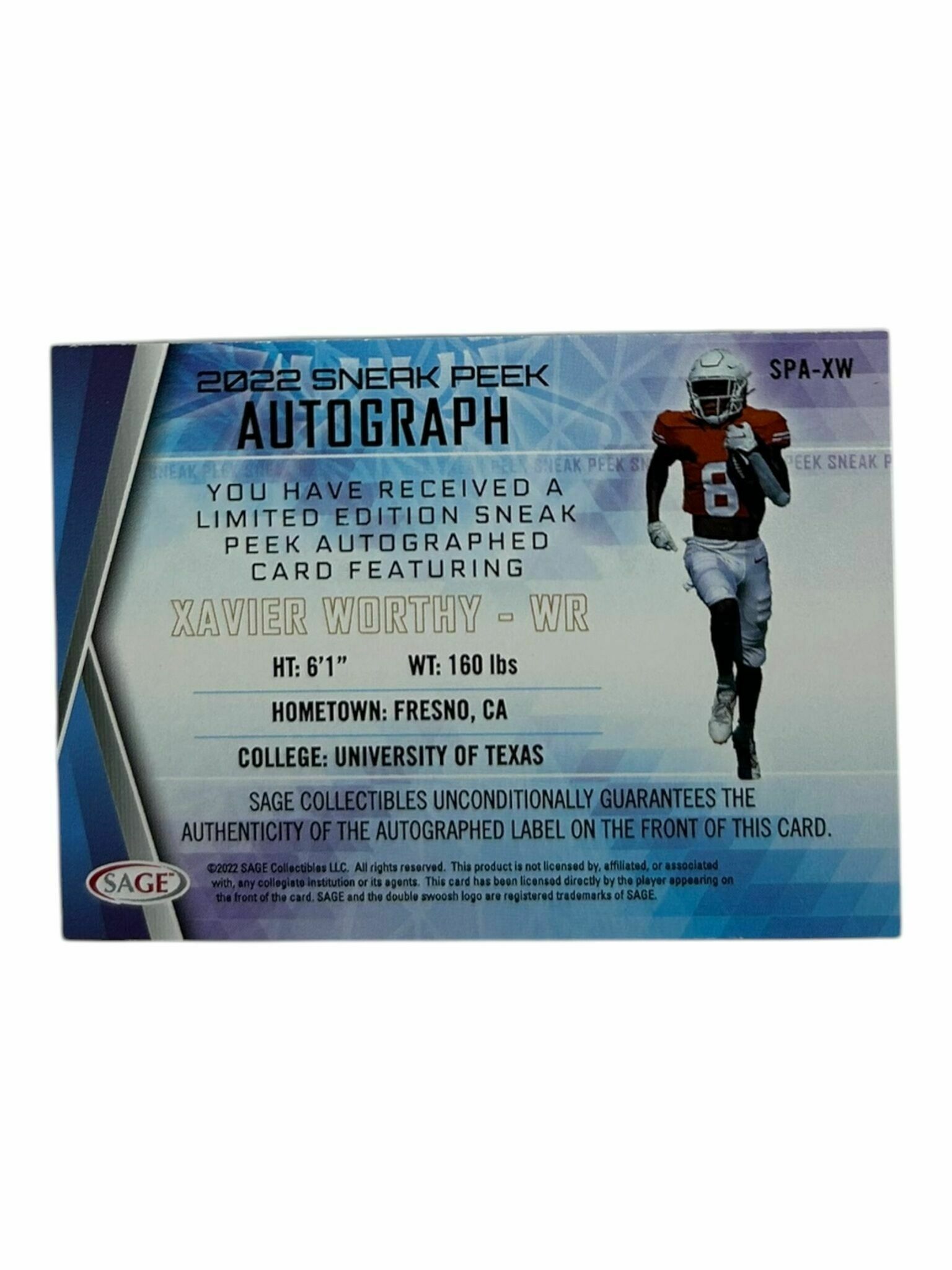 Xavier Worthy 2022 Sage Football Sneak Peek Autograph Rookie Trading Card