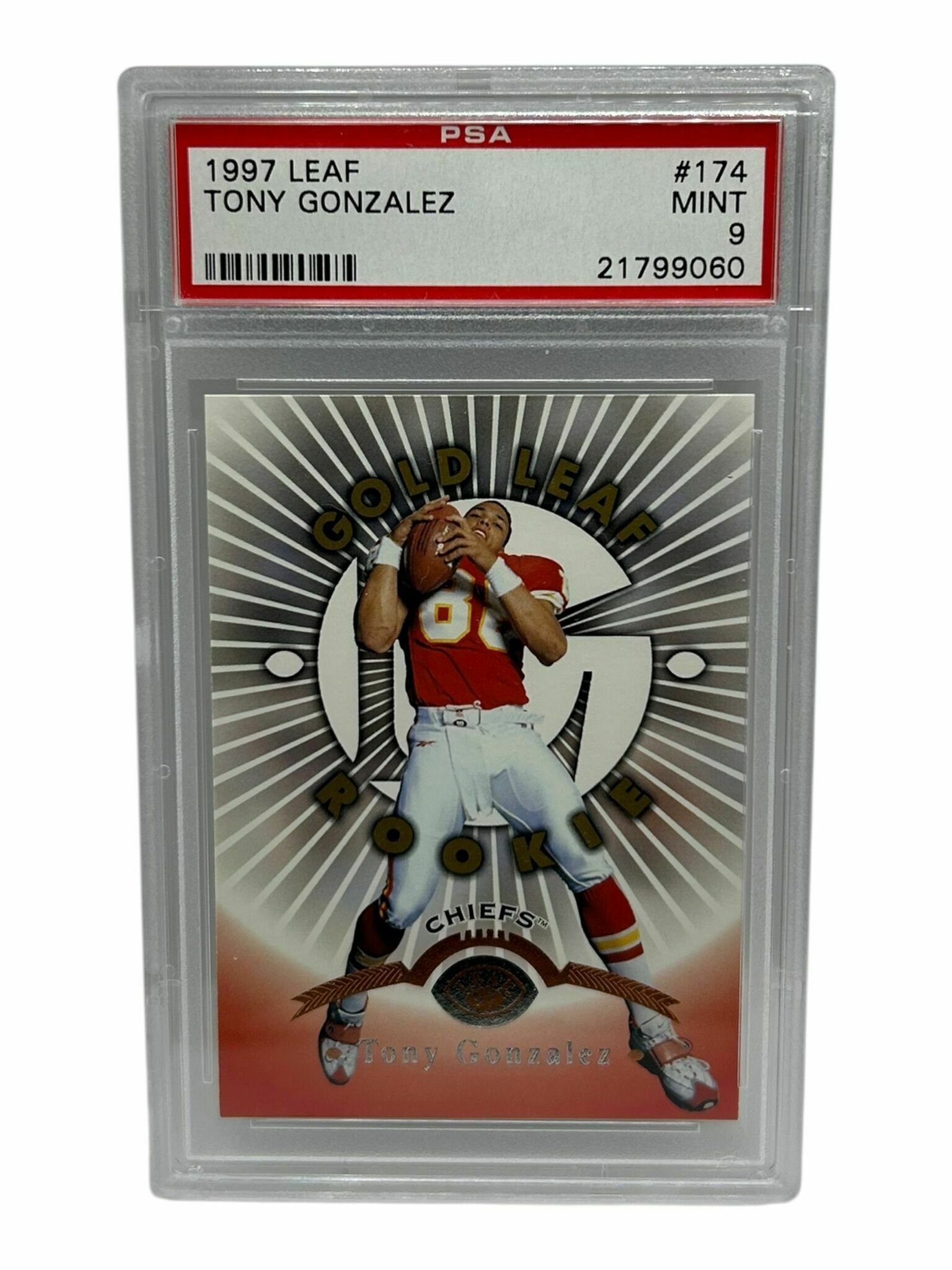 Tony Gonzalez 1997 Leaf Football Gold Leaf Rookie Trading Card - PSA Grade 9 Mint