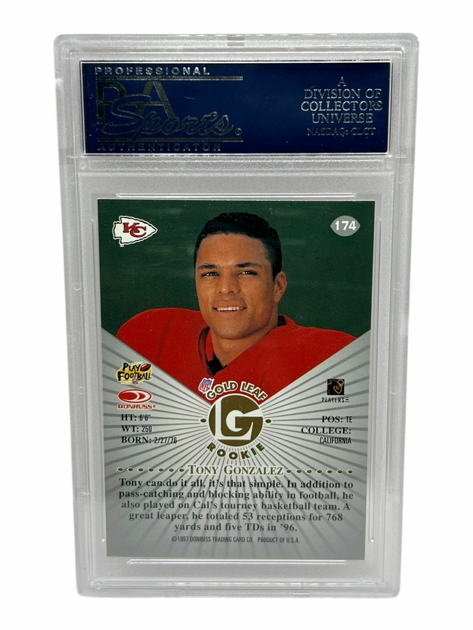 Tony Gonzalez 1997 Leaf Football Gold Leaf Rookie Trading Card - PSA Grade 9 Mint
