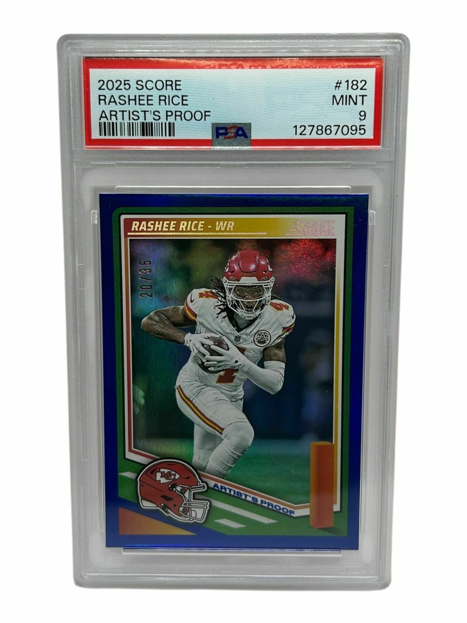 Rashee Rice 2025 Panini Score Football Artist's Proof Blue Prizm Limited /35 Trading Card - PSA Grade 9 Mint