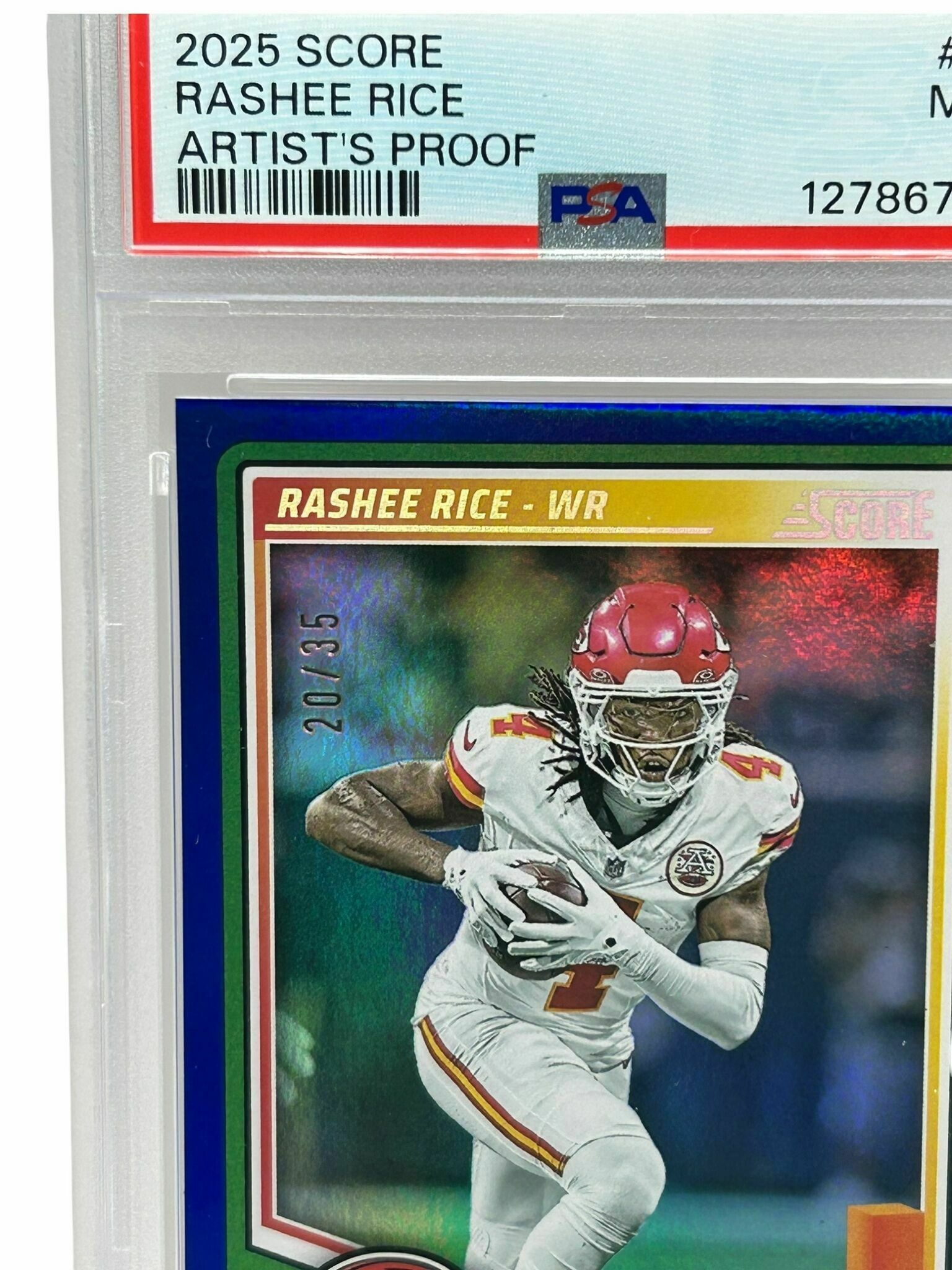 Rashee Rice 2025 Panini Score Football Artist's Proof Blue Prizm Limited /35 Trading Card - PSA Grade 9 Mint