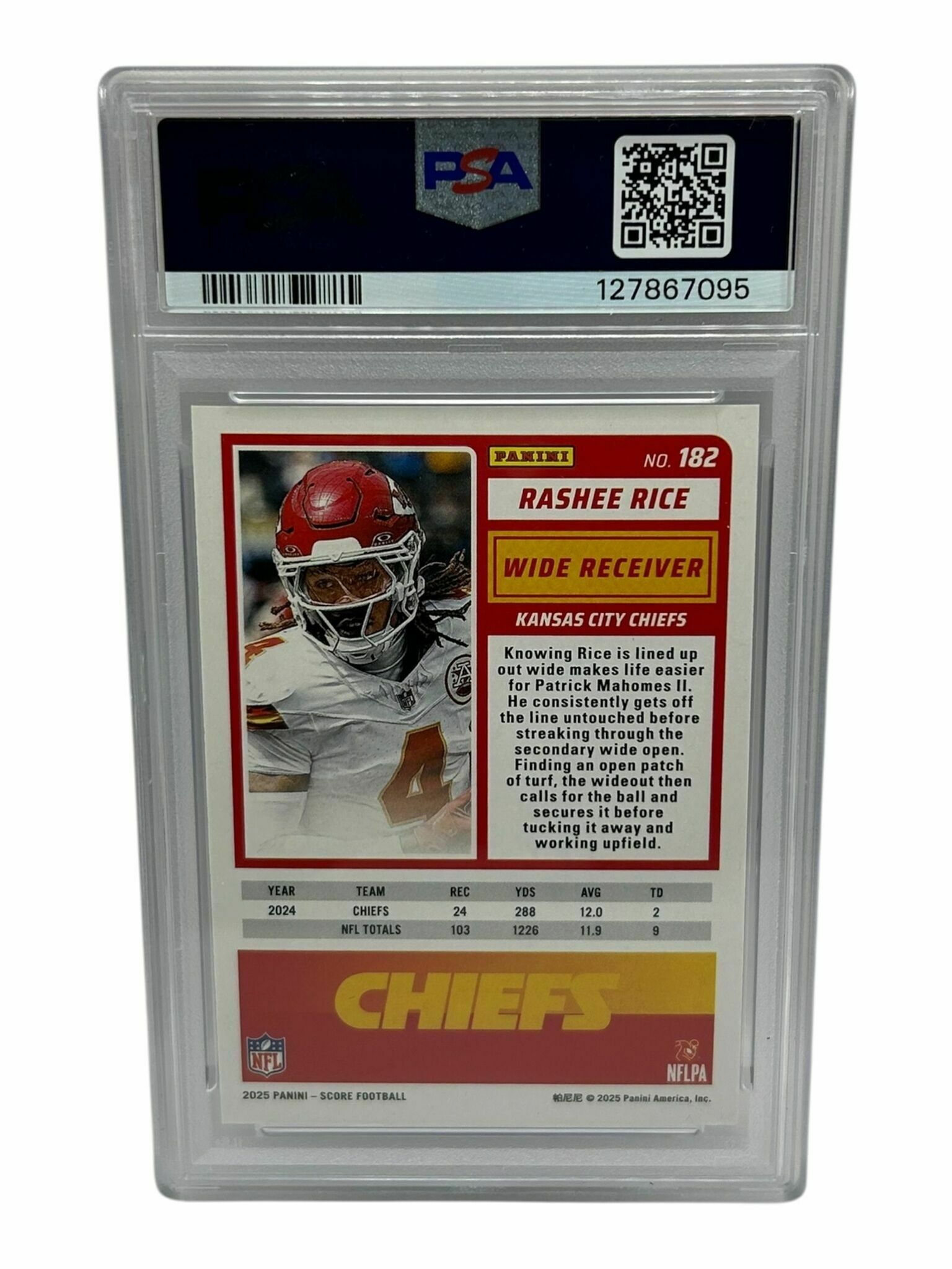 Rashee Rice 2025 Panini Score Football Artist's Proof Blue Prizm Limited /35 Trading Card - PSA Grade 9 Mint