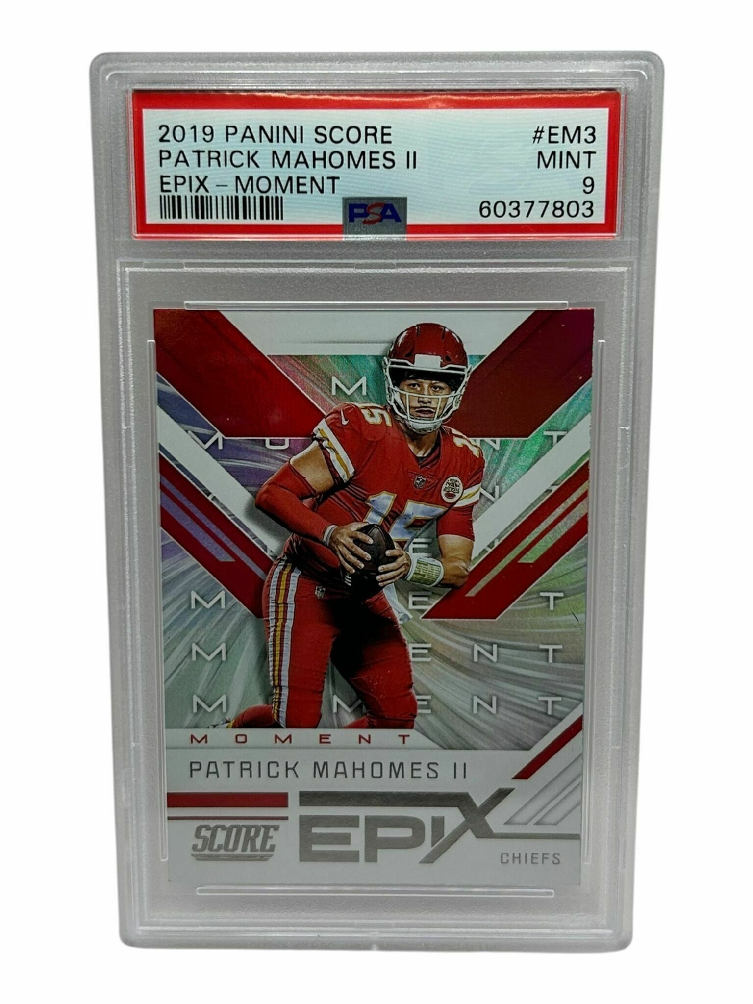 Patrick Mahomes 2019 Panini Score Football Epix Moment Prizm Trading Card - PSA Grade 9 Mint