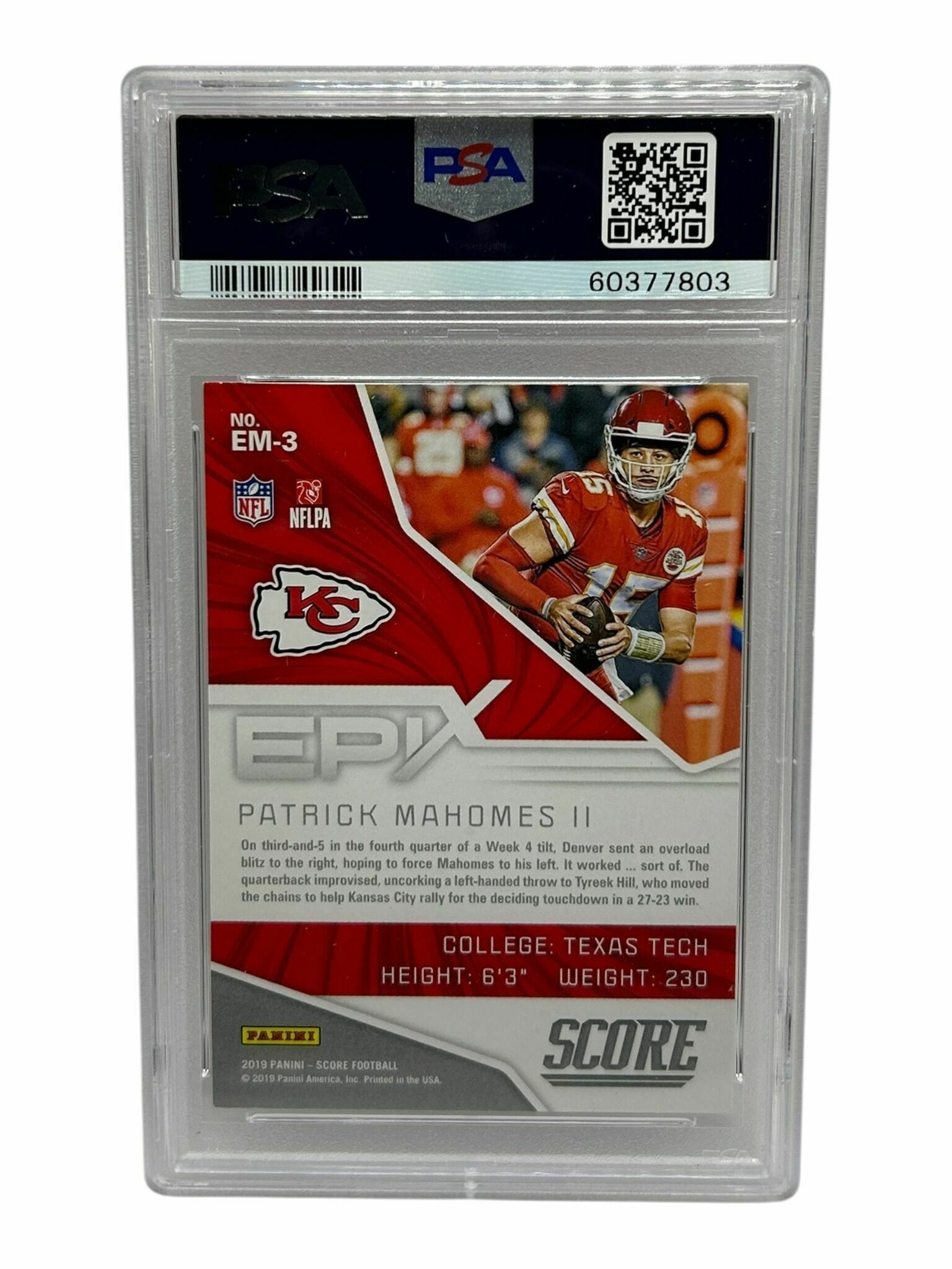 Patrick Mahomes 2019 Panini Score Football Epix Moment Prizm Trading Card - PSA Grade 9 Mint