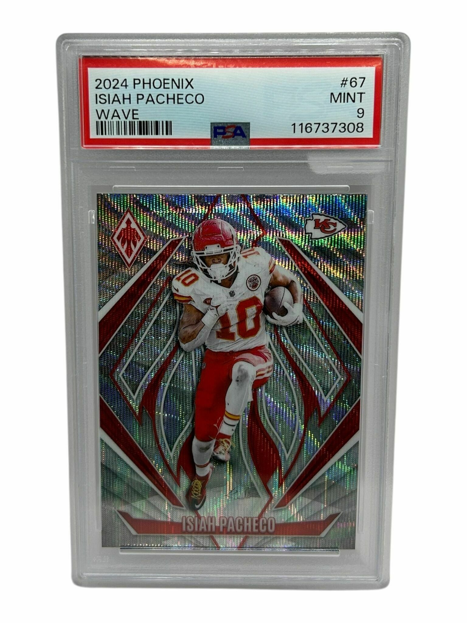 Isiah Pacheco 2024 Panini Phoenix Football Silver Wave Prizm Trading Card - PSA Grade 9 Mint