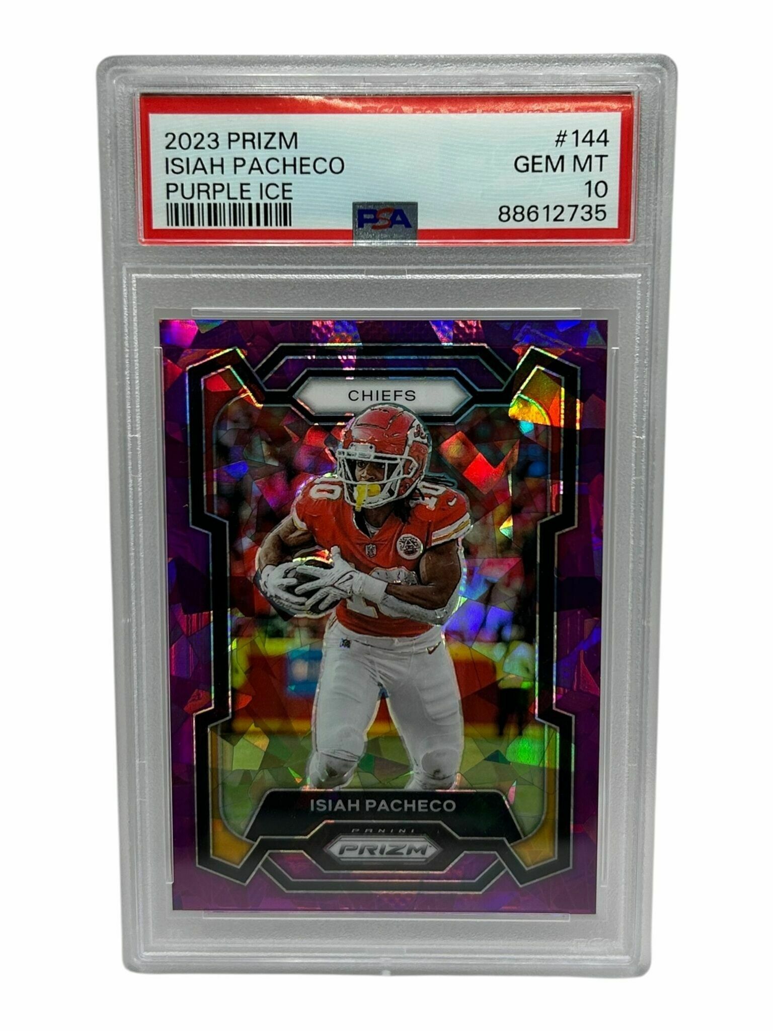 Isiah Pacheco 2023 Panini Prizm Football Purple Cracked Ice /225 Prizm Trading Card - PSA Grade 10 Gem Mint