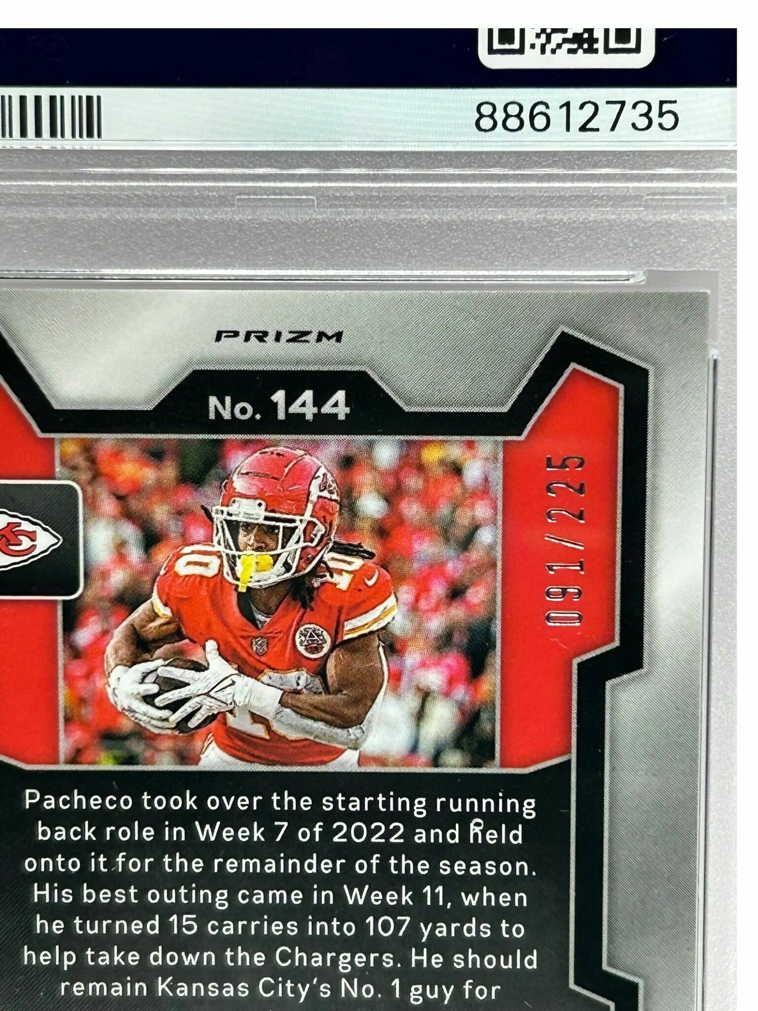 Isiah Pacheco 2023 Panini Prizm Football Purple Cracked Ice /225 Prizm Trading Card - PSA Grade 10 Gem Mint