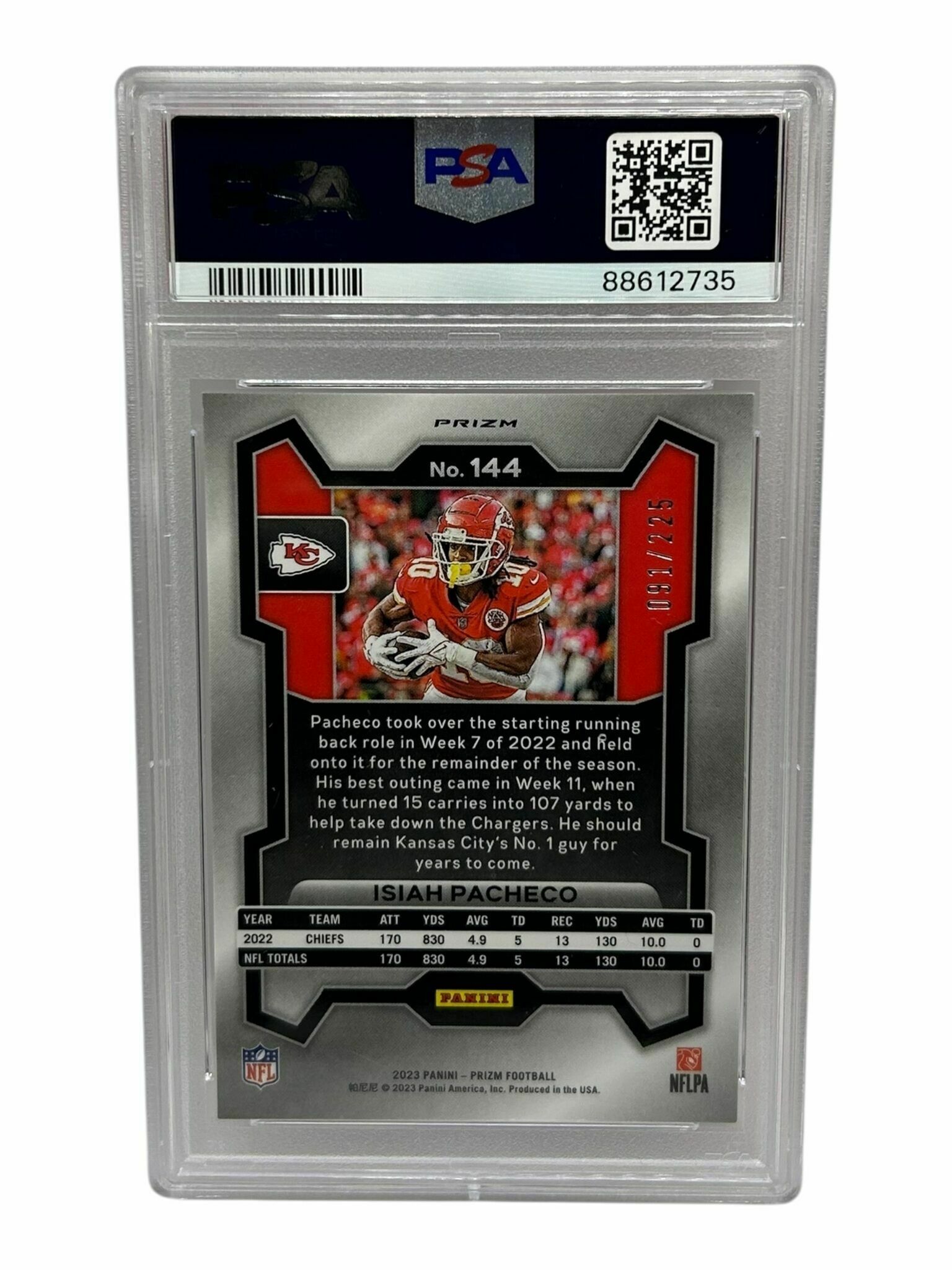 Isiah Pacheco 2023 Panini Prizm Football Purple Cracked Ice /225 Prizm Trading Card - PSA Grade 10 Gem Mint