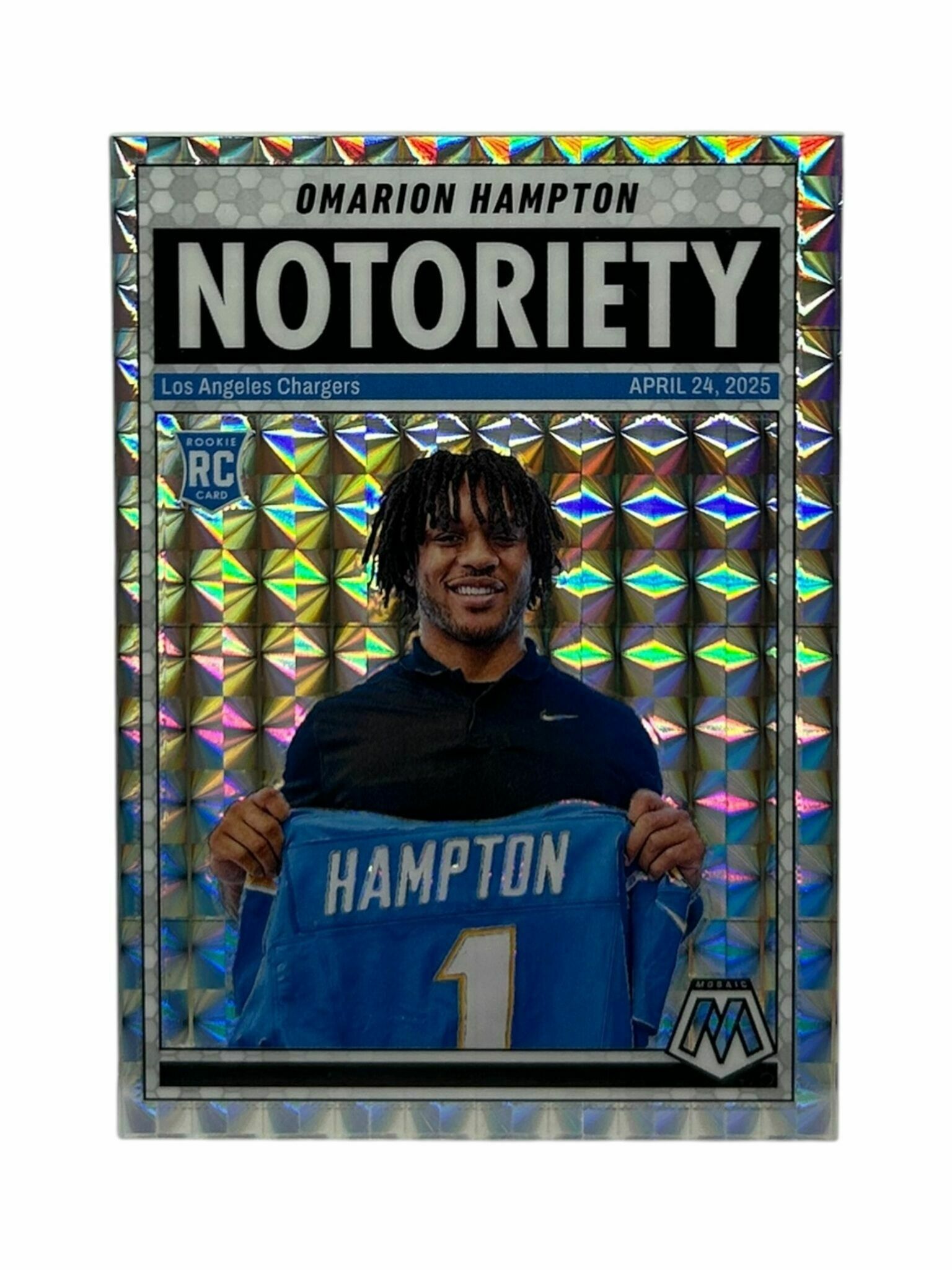 Omarion Hampton 2025 Panini Mosaic Football Notoriety Silver Mosaic Prizm Rookie Trading Card