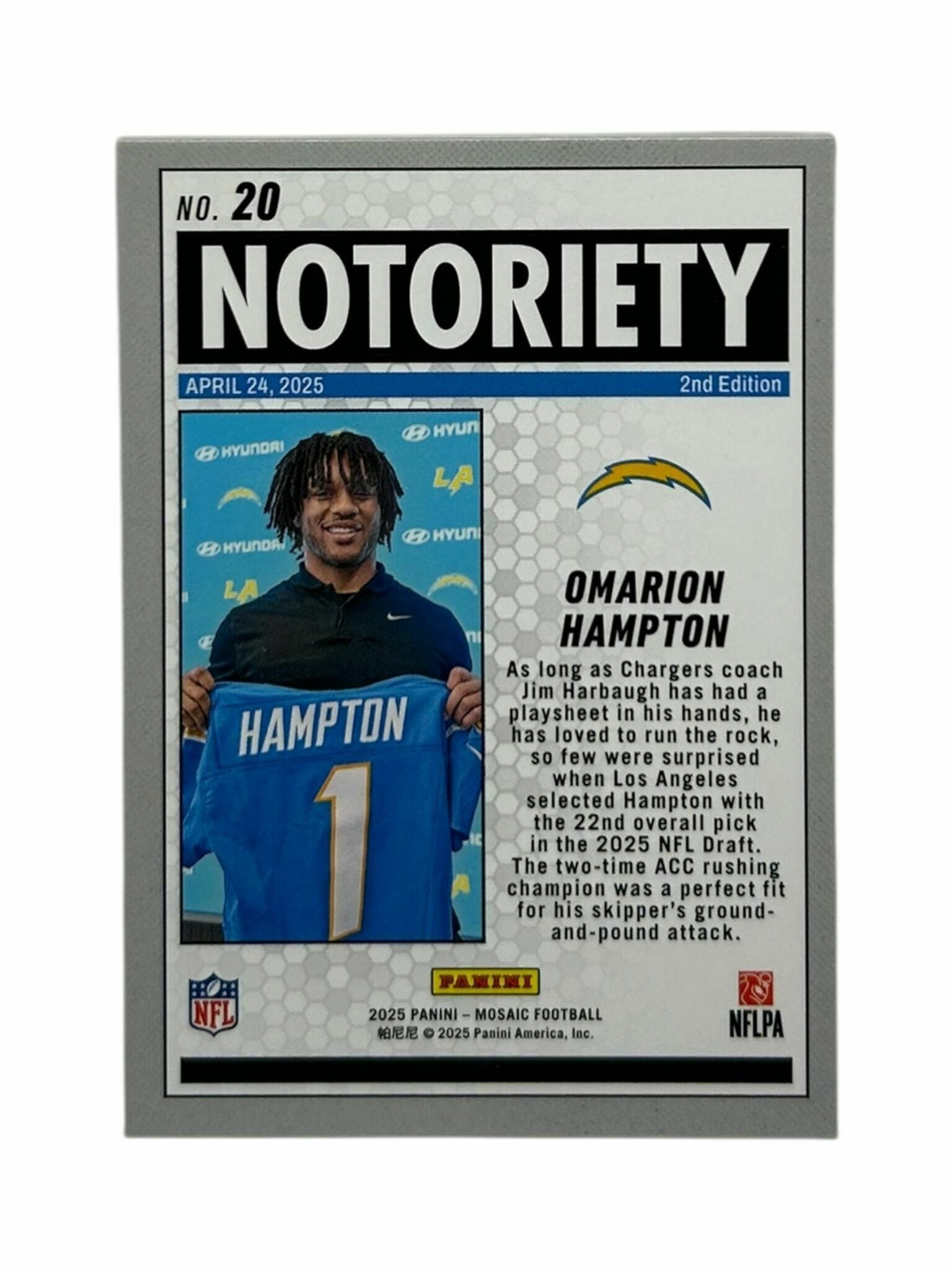 Omarion Hampton 2025 Panini Mosaic Football Notoriety Silver Mosaic Prizm Rookie Trading Card