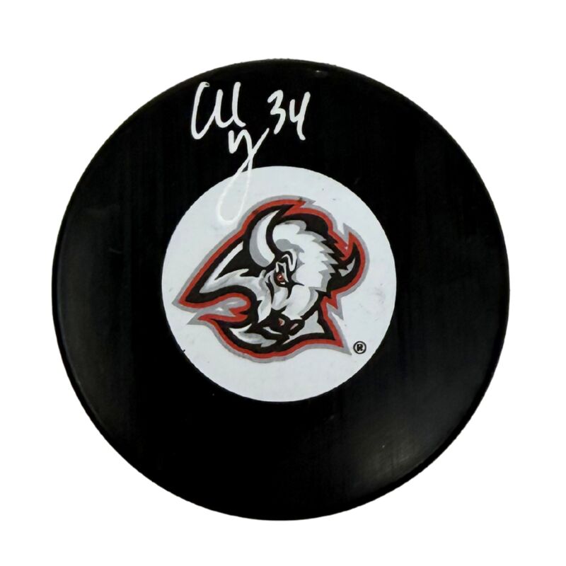 Alex Lyon Signed Buffalo Sabres Small Goathead Logo Puck