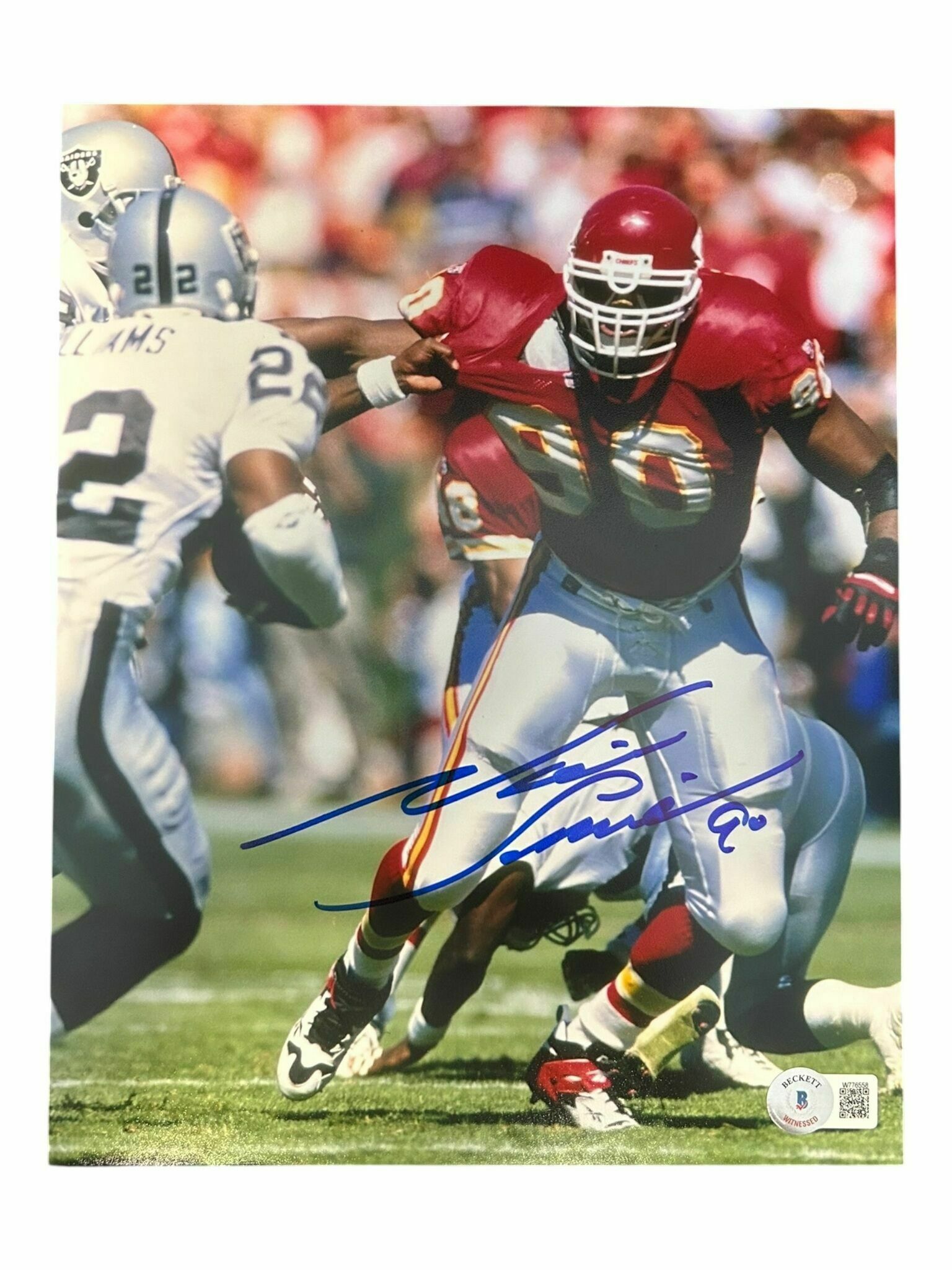 Neil Smith Autographed 8x10 Photo Getting Held Vs. Raiders - Beckett Authentic