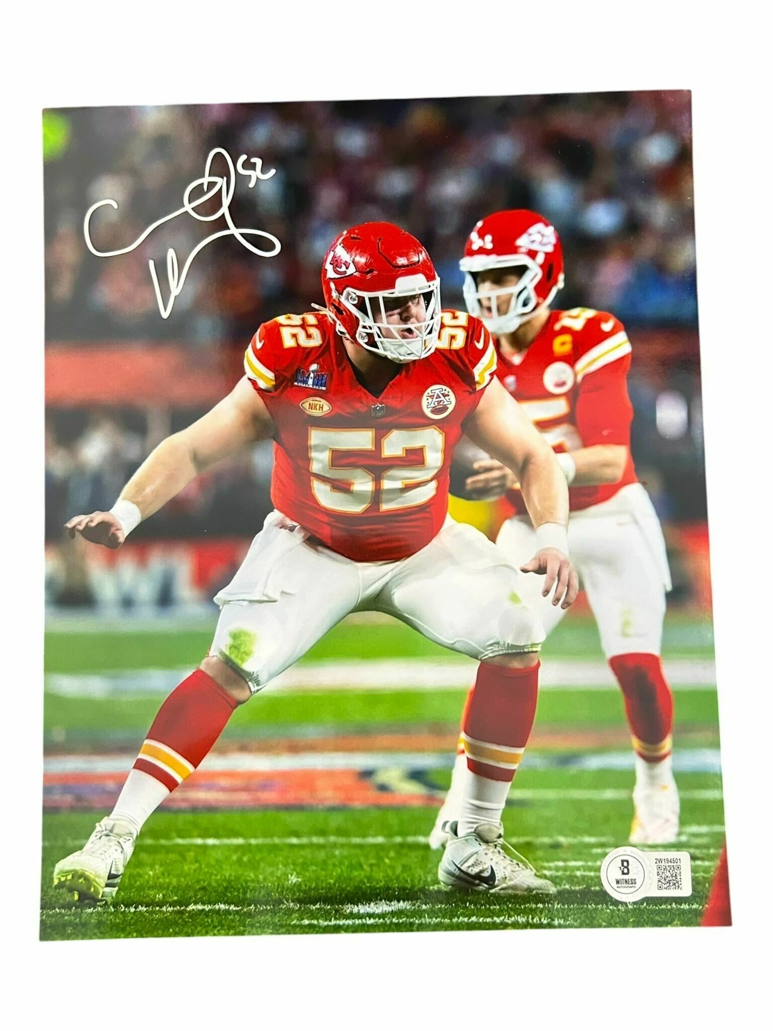 Creed Humphrey Autographed 8x10 Photo Blocking Mahomes - Beckett Authentic