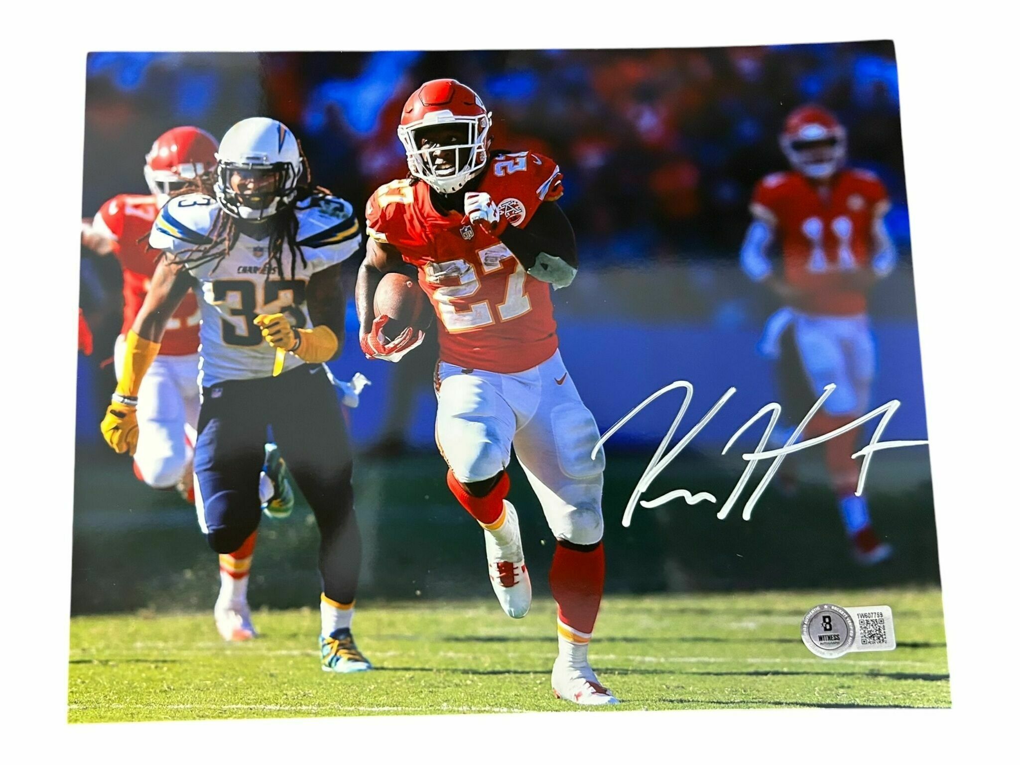 Kareem Hunt Autographed 8x10 Photo Running in Red vs Chargers - Beckett Authentic