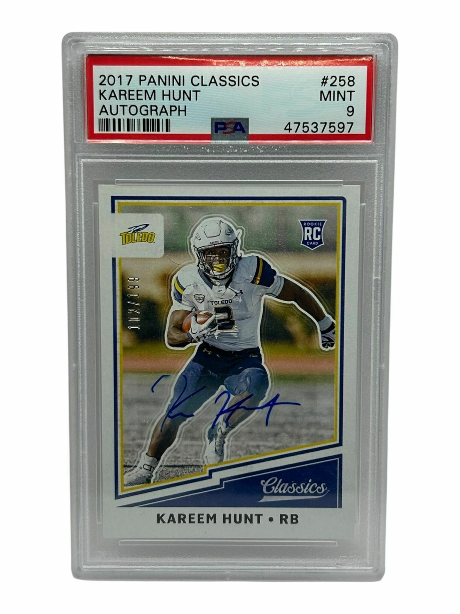 Kareem Hunt 2017 Panini Classics Football Autograph /199 Rookie Trading Card - PSA Grade 9 Mint