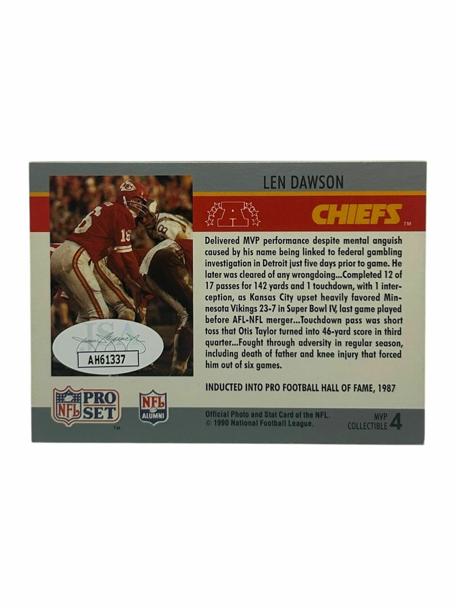 Len Dawson 1990 Pro Set Football MVP Super Bowl IV Portrait On-Card Autograph Trading Card - JSA Authentic