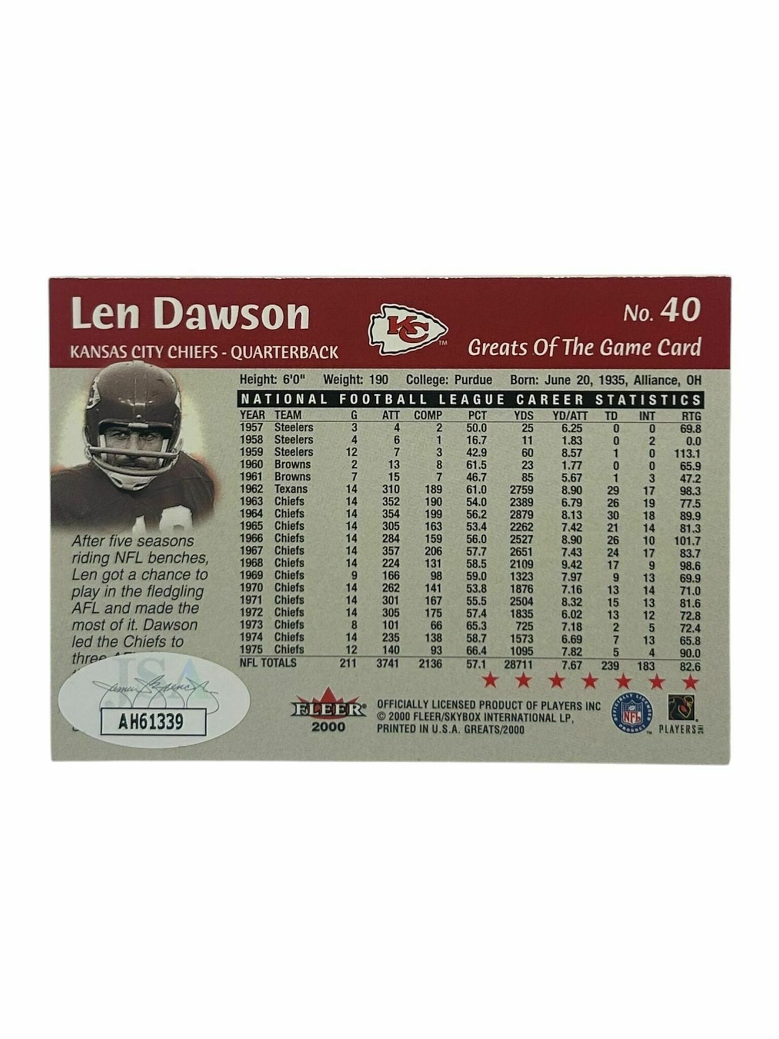 Len Dawson 2000 Fleer Football Greats Of the Game On-Card Autograph Trading Card - JSA Authentic