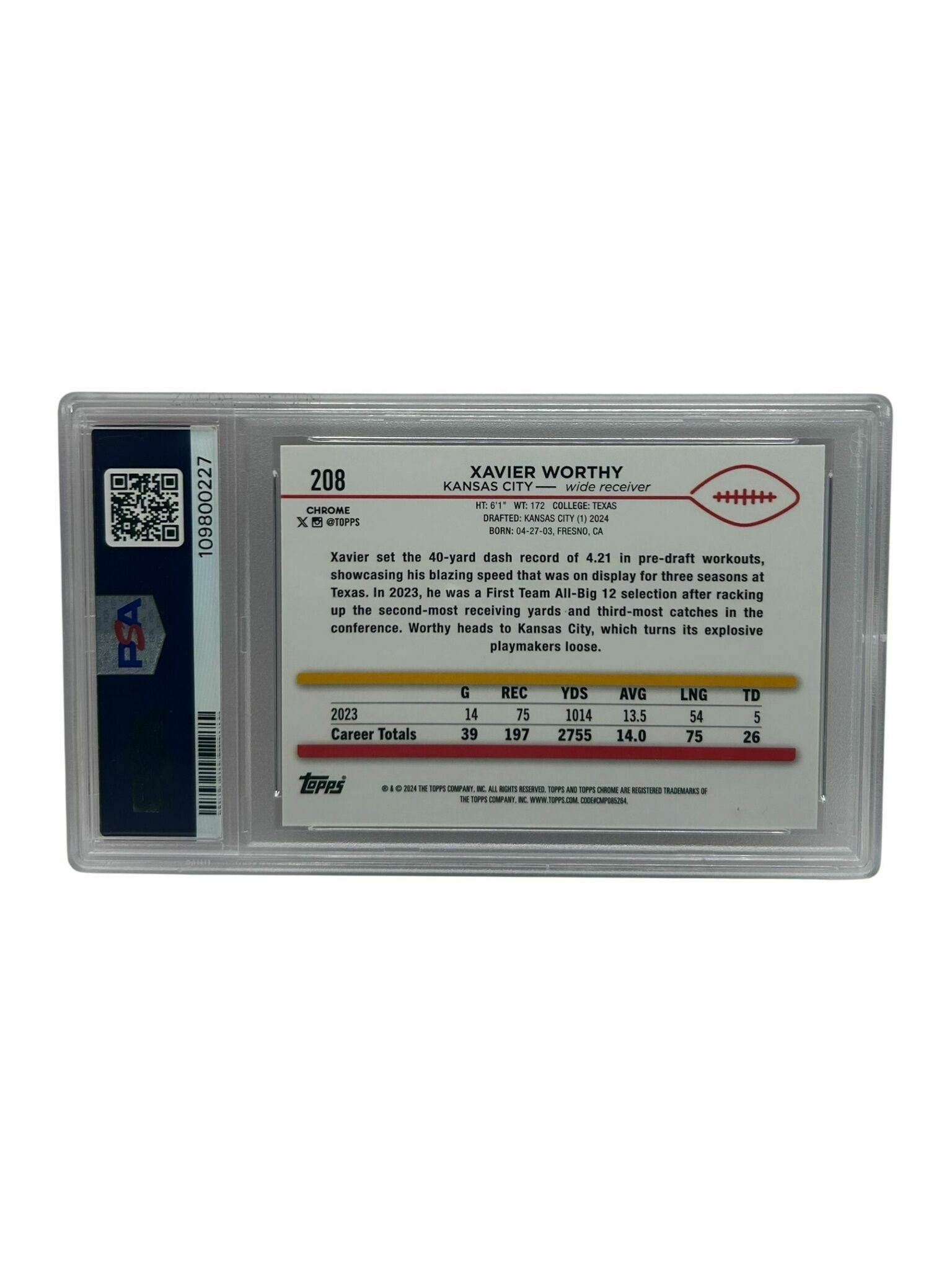 Xavier Worthy 2024 Topps Chrome Football Magenta Refractor /399 Rookie Trading Card - PSA Grade 9 Mint