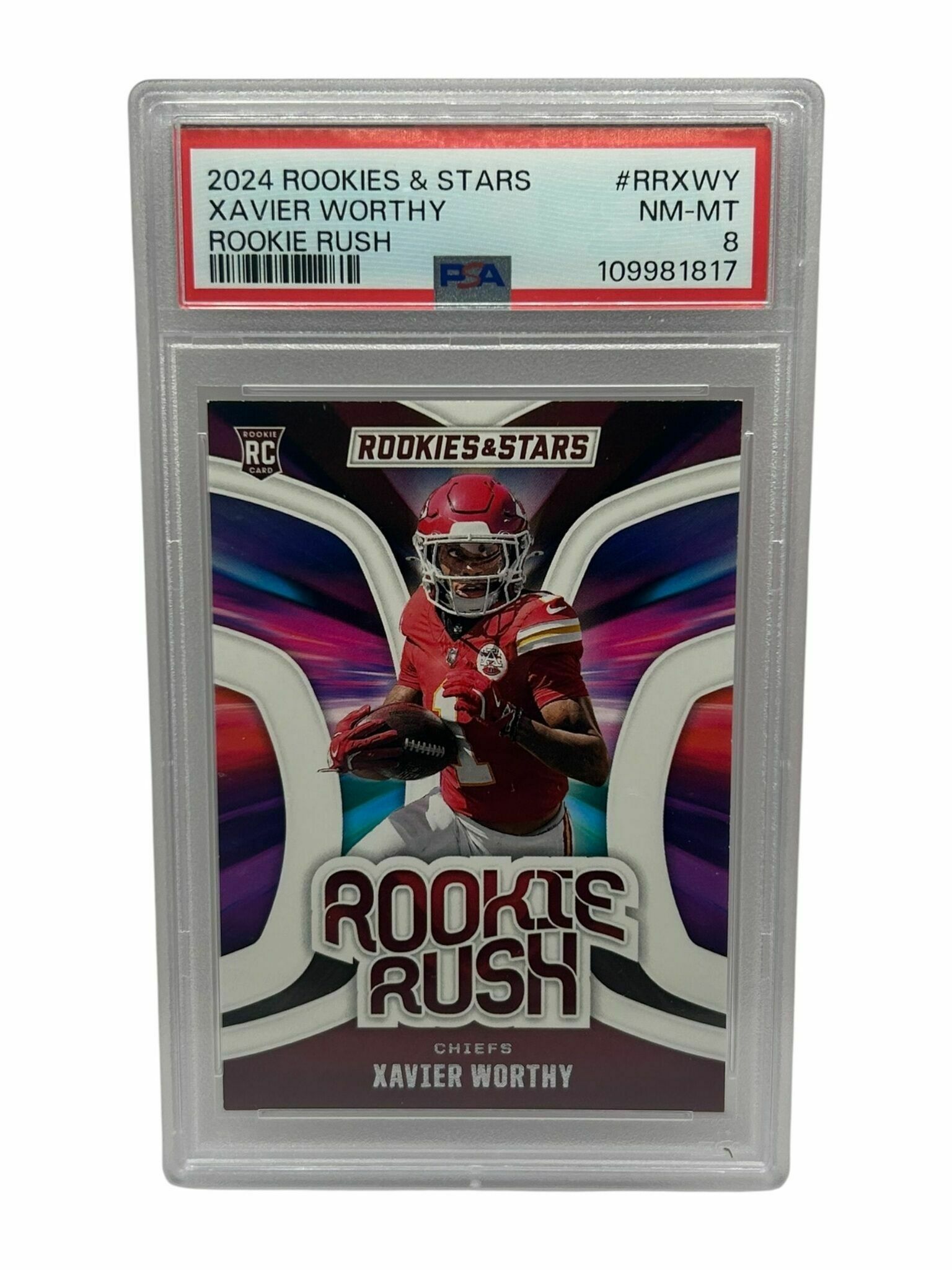 Xavier Worthy 2024 Rookies & Stars Football Rookie Rush Rookie Trading Card - PSA Grade 8 NM