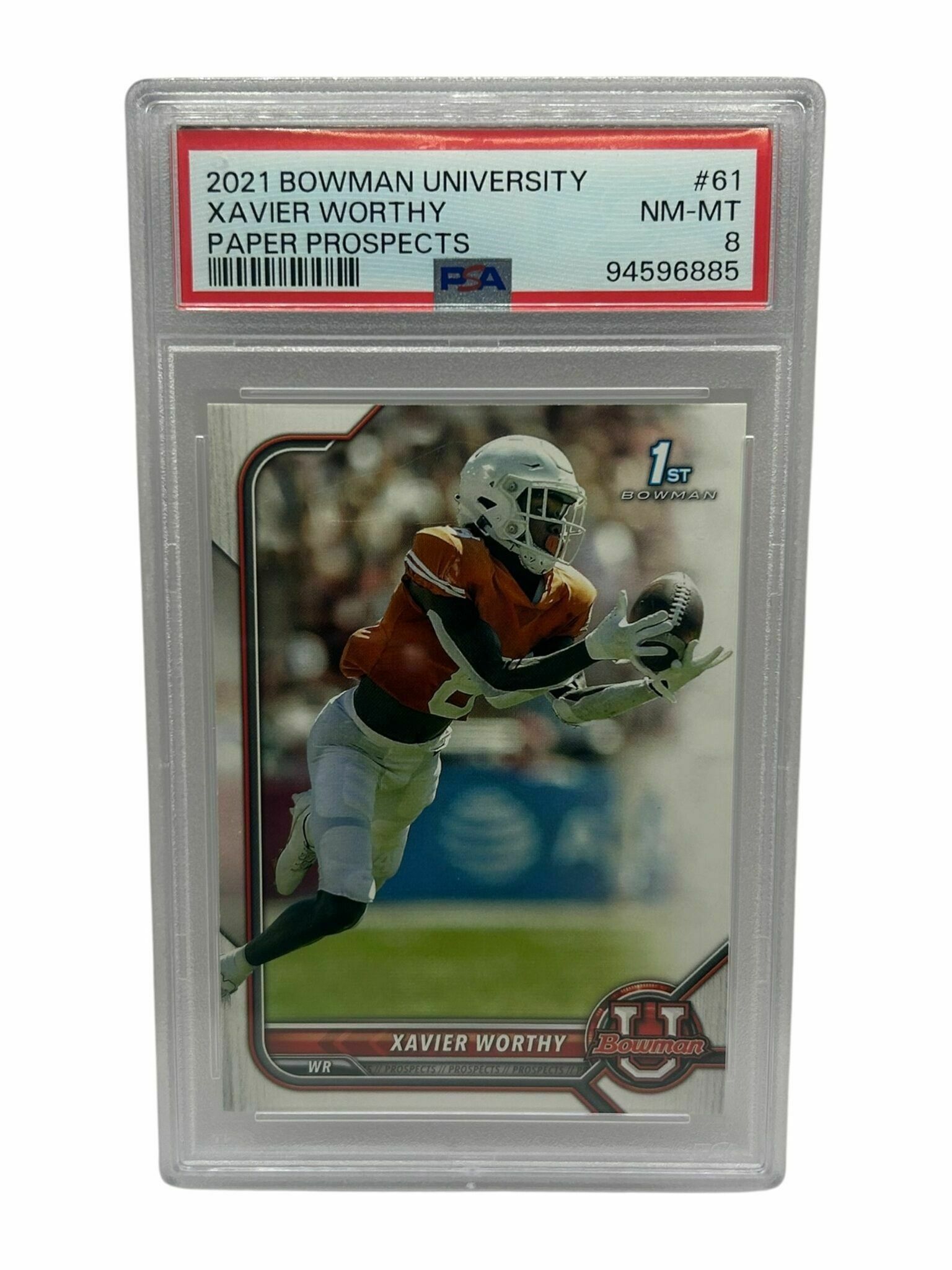 Xavier Worthy 2021 Topps Bowman University Football Bowman 1st Rookie Trading Card - PSA Grade 8 NM