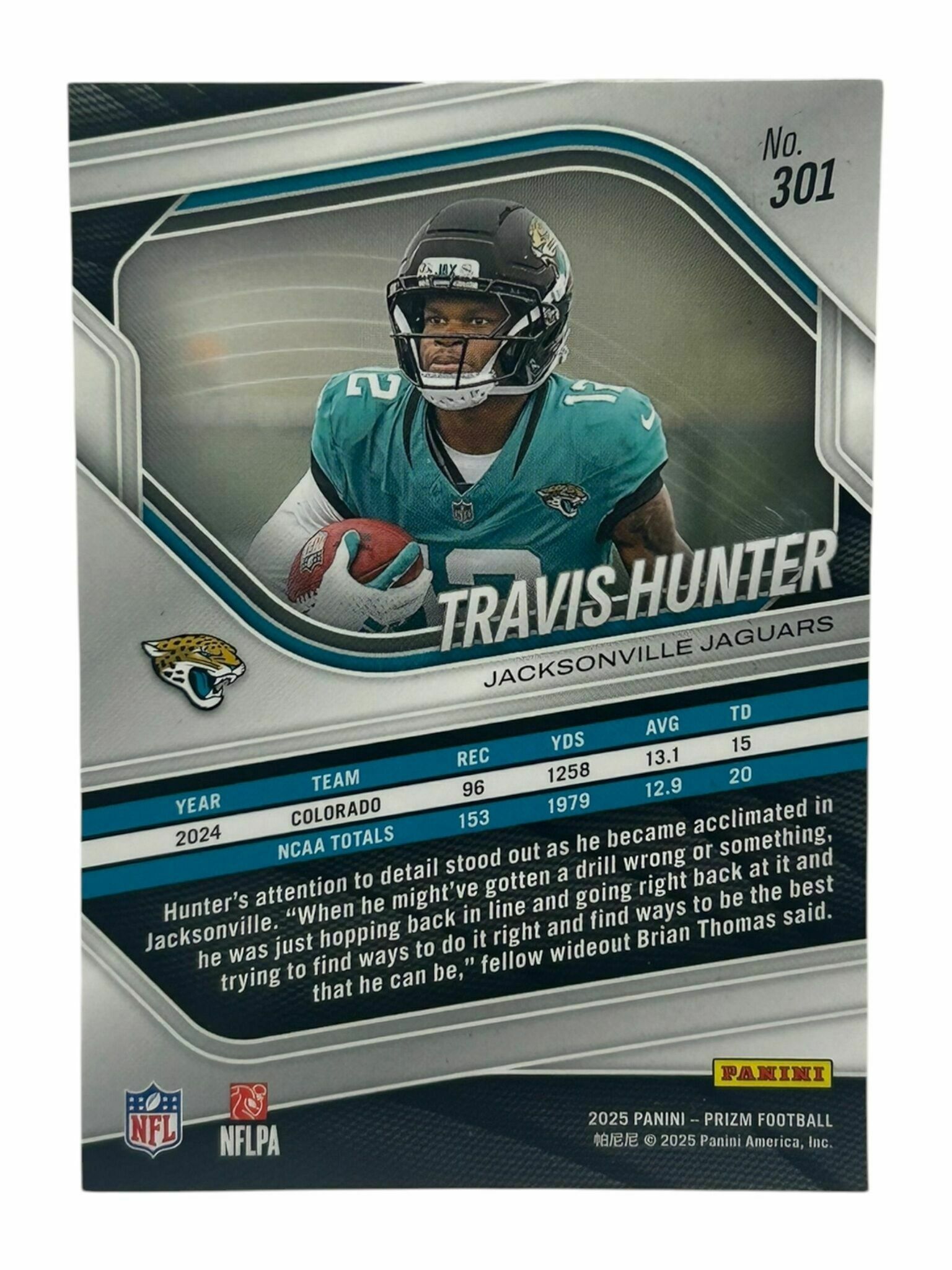 Travis Hunter 2025 Panini Prizm Football Rookie Trading Card