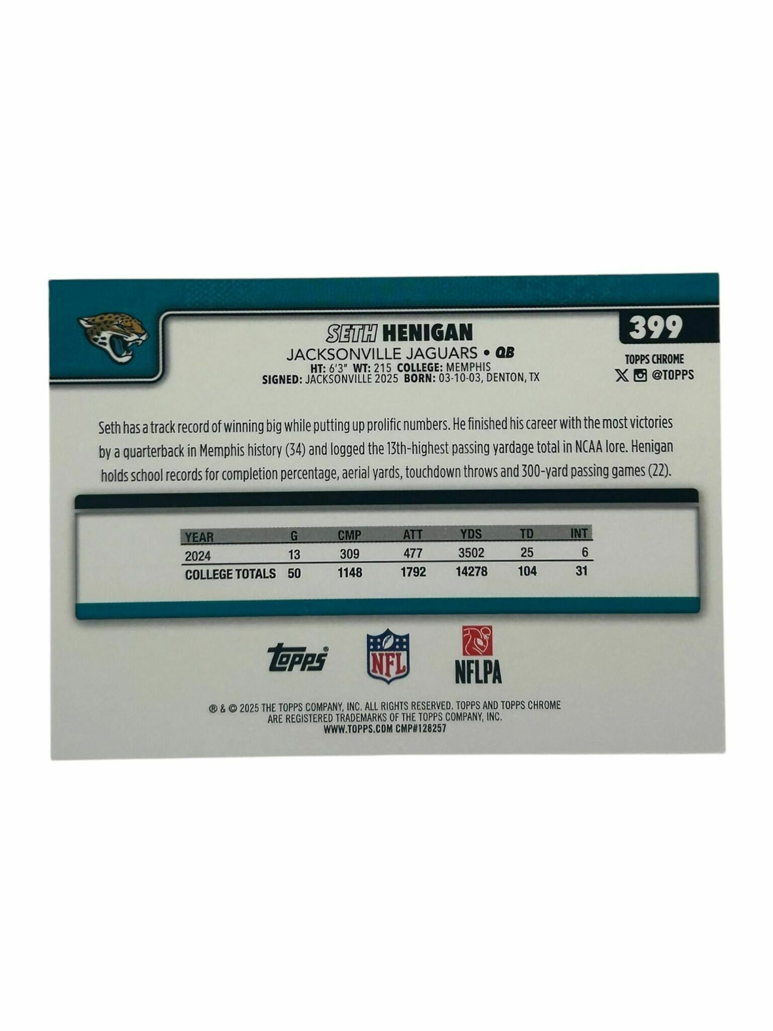 Seth Henigan 2025 Topps Chrome Football Rookie Trading Card