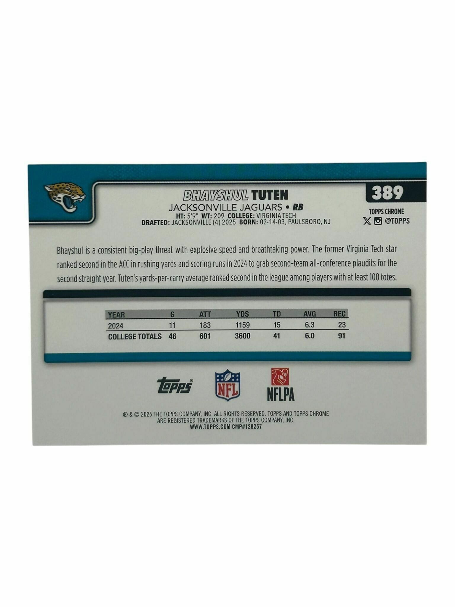 Bhayshul Tuten 2025 Topps Chrome Football Rookie Trading Card