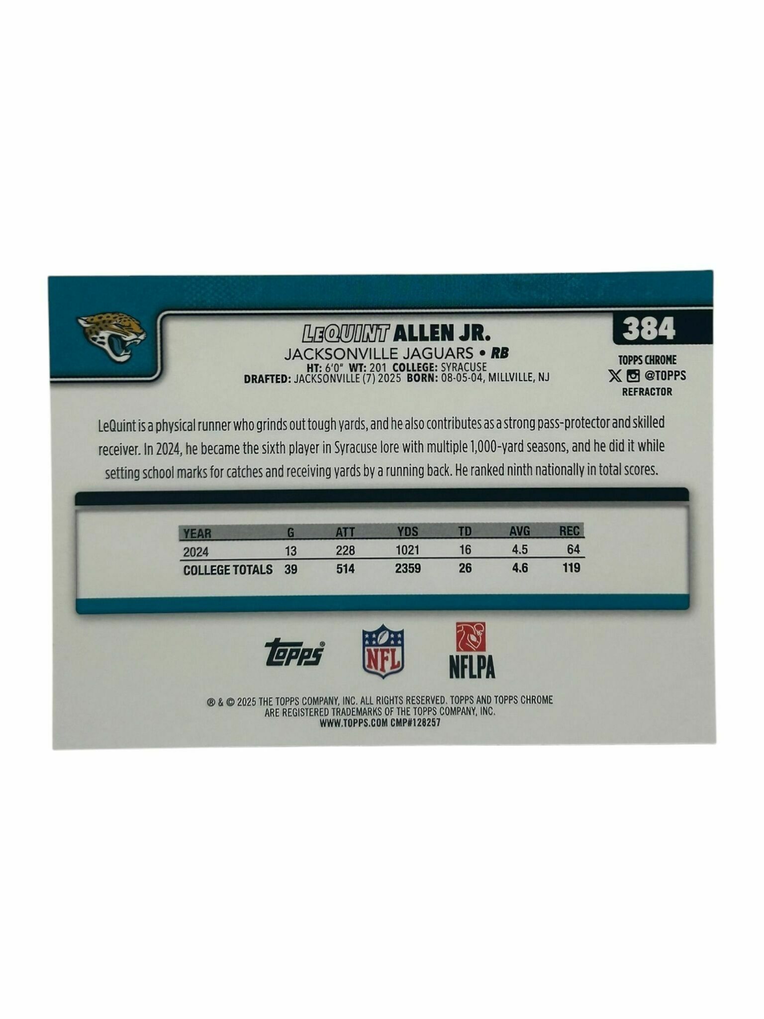 LeQuint Allen Jr. 2025 Topps Chrome Football Silver Holo Rookie Trading Card
