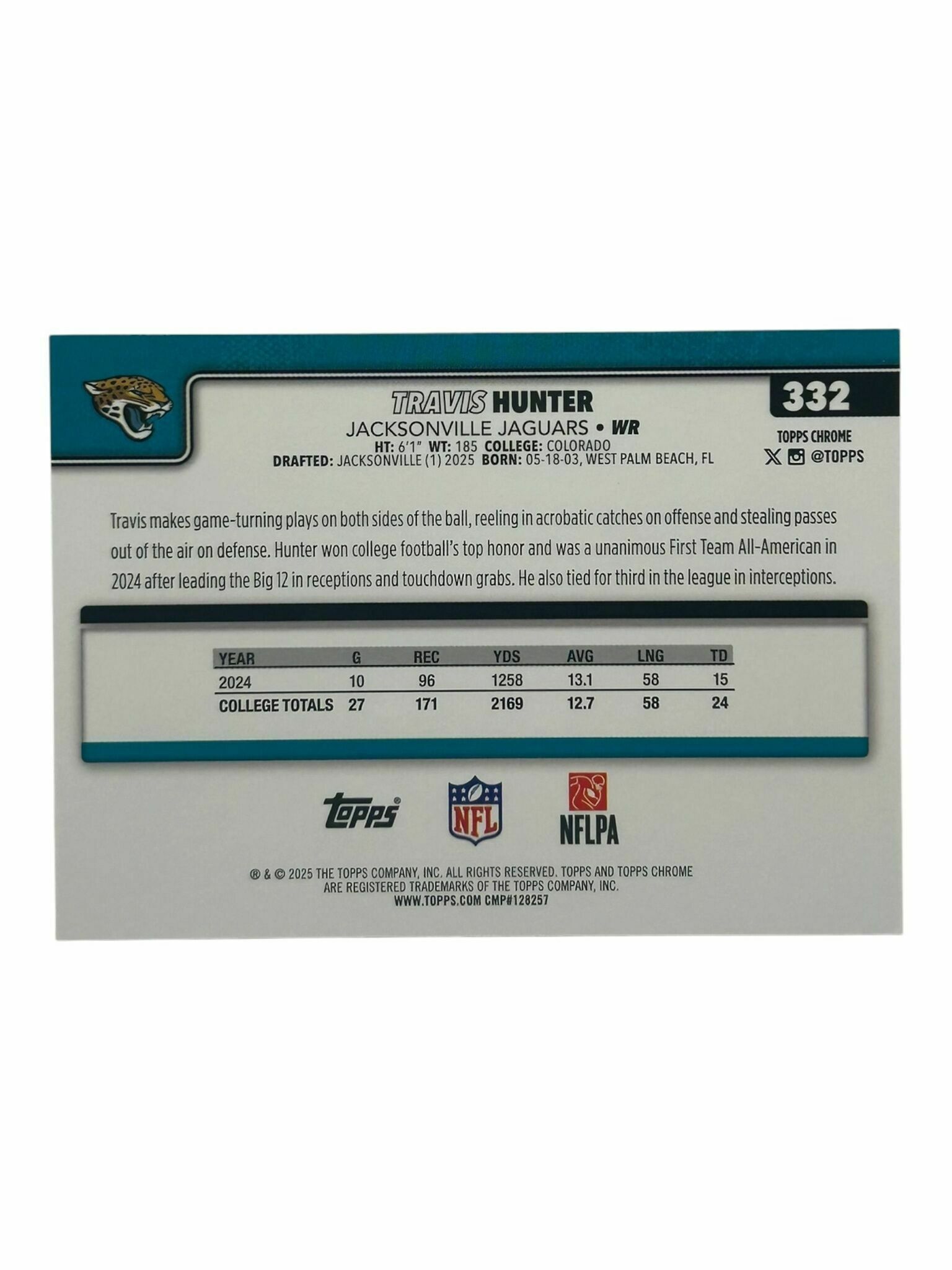 Travis Hunter 2025 Topps Chrome Football Rookie Trading Card