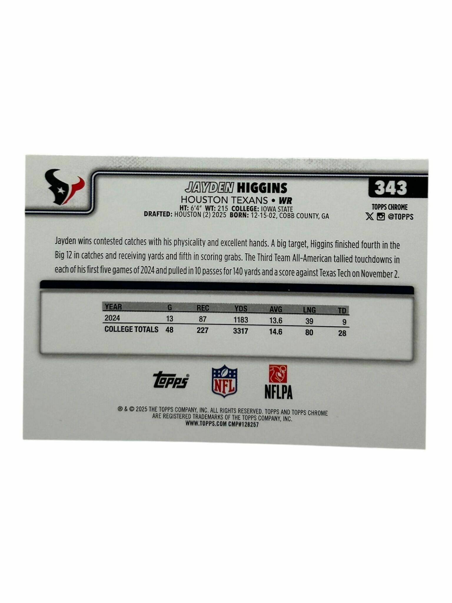 Jayden Higgins 2025 Topps Chrome Football Rookie Trading Card