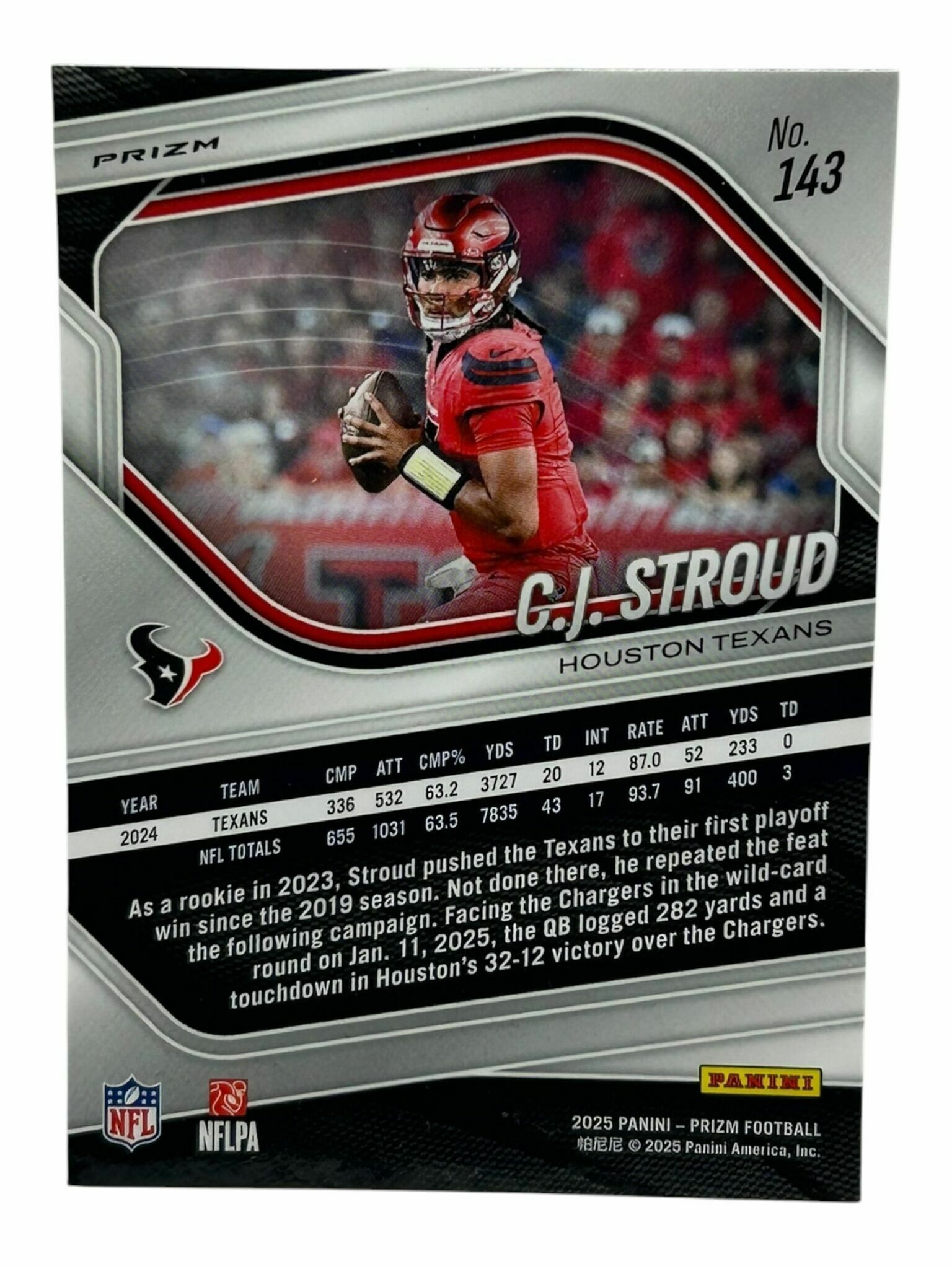 C.J. Stroud 2025 Panini Prizm Football Silver Lazer Velocity Prizm Trading Card