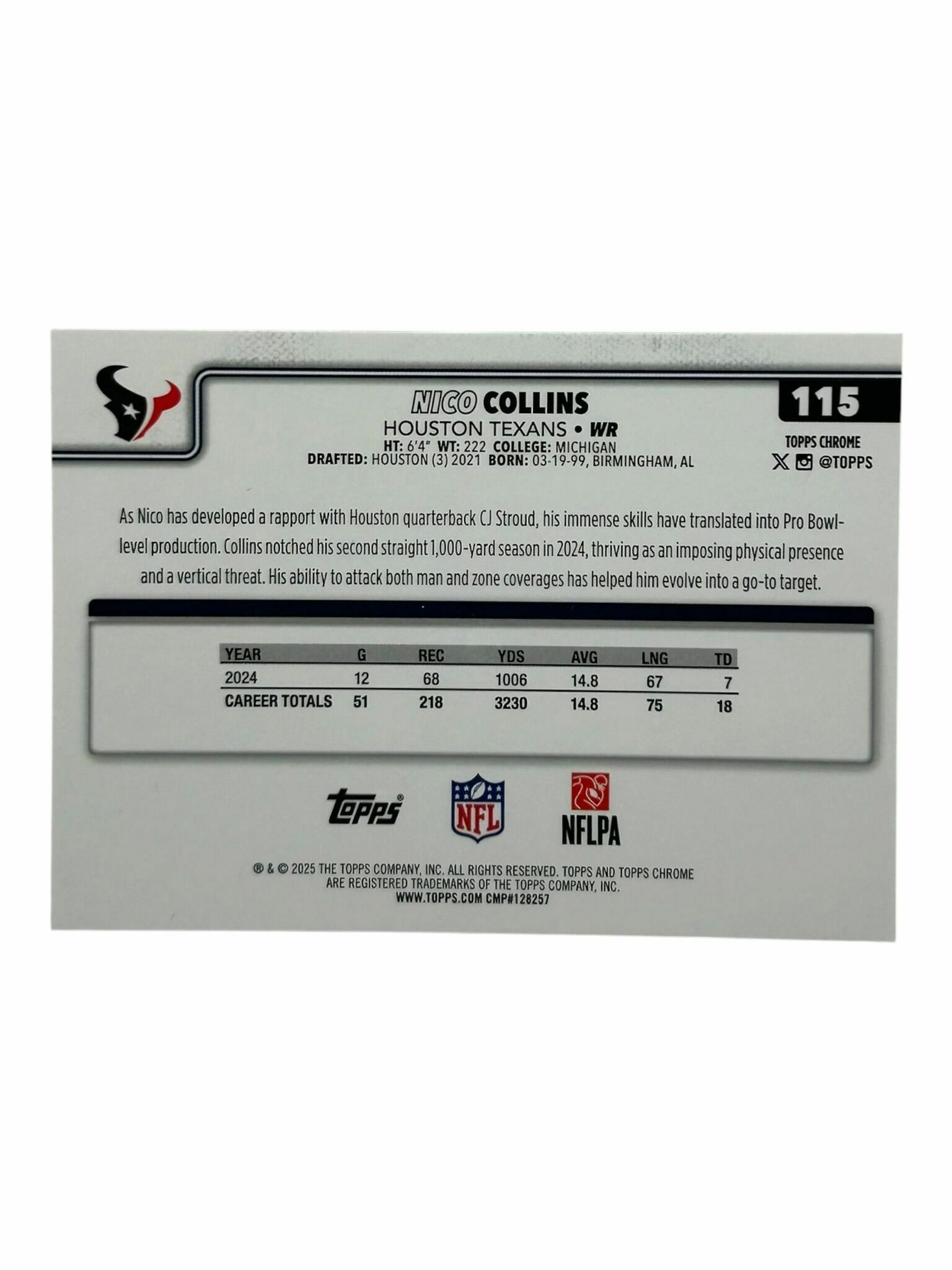 Nico Collins 2025 Topps Chrome Football Trading Card
