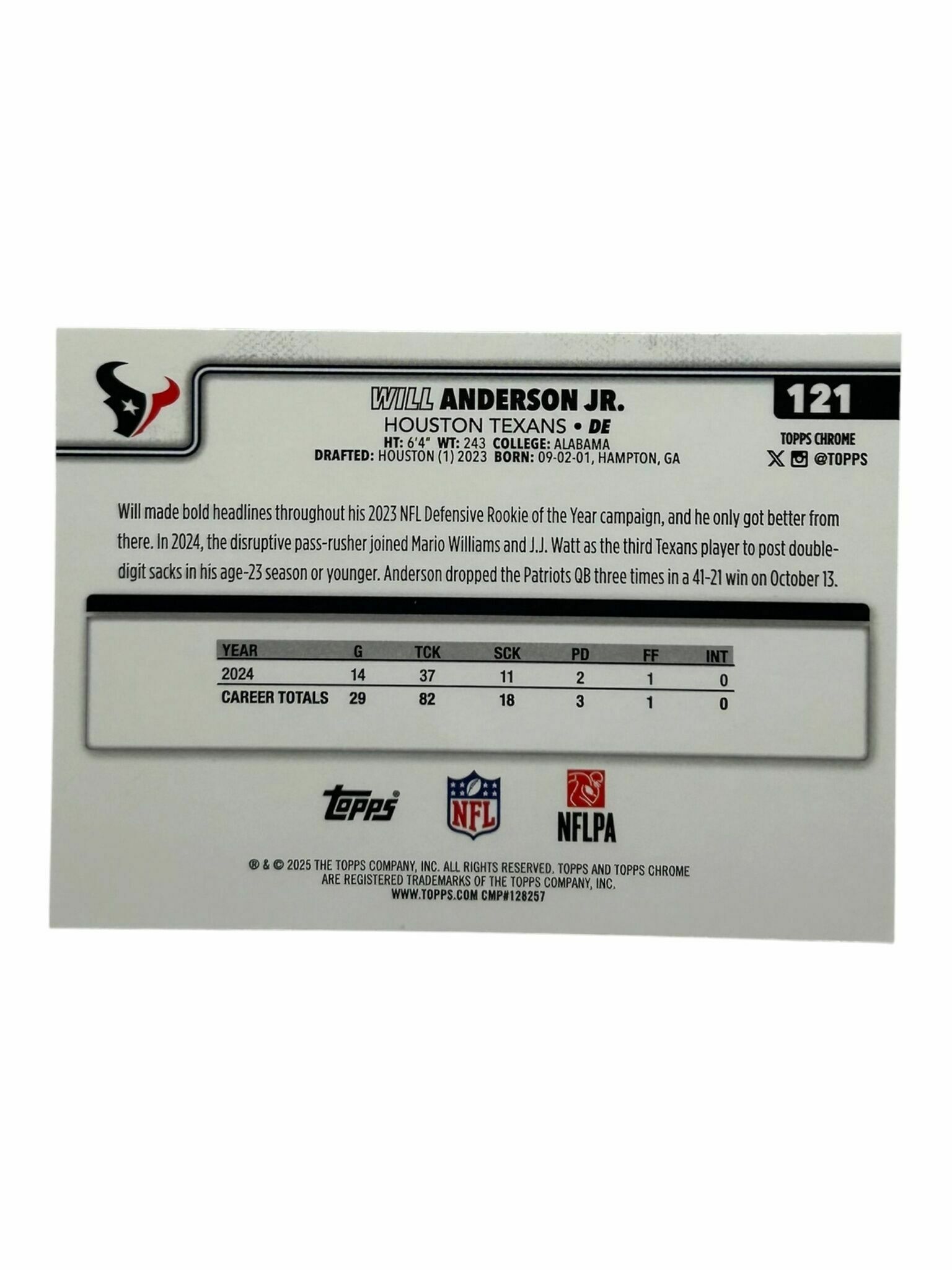 Will Anderson Jr. 2025 Topps Chrome Football Trading Card