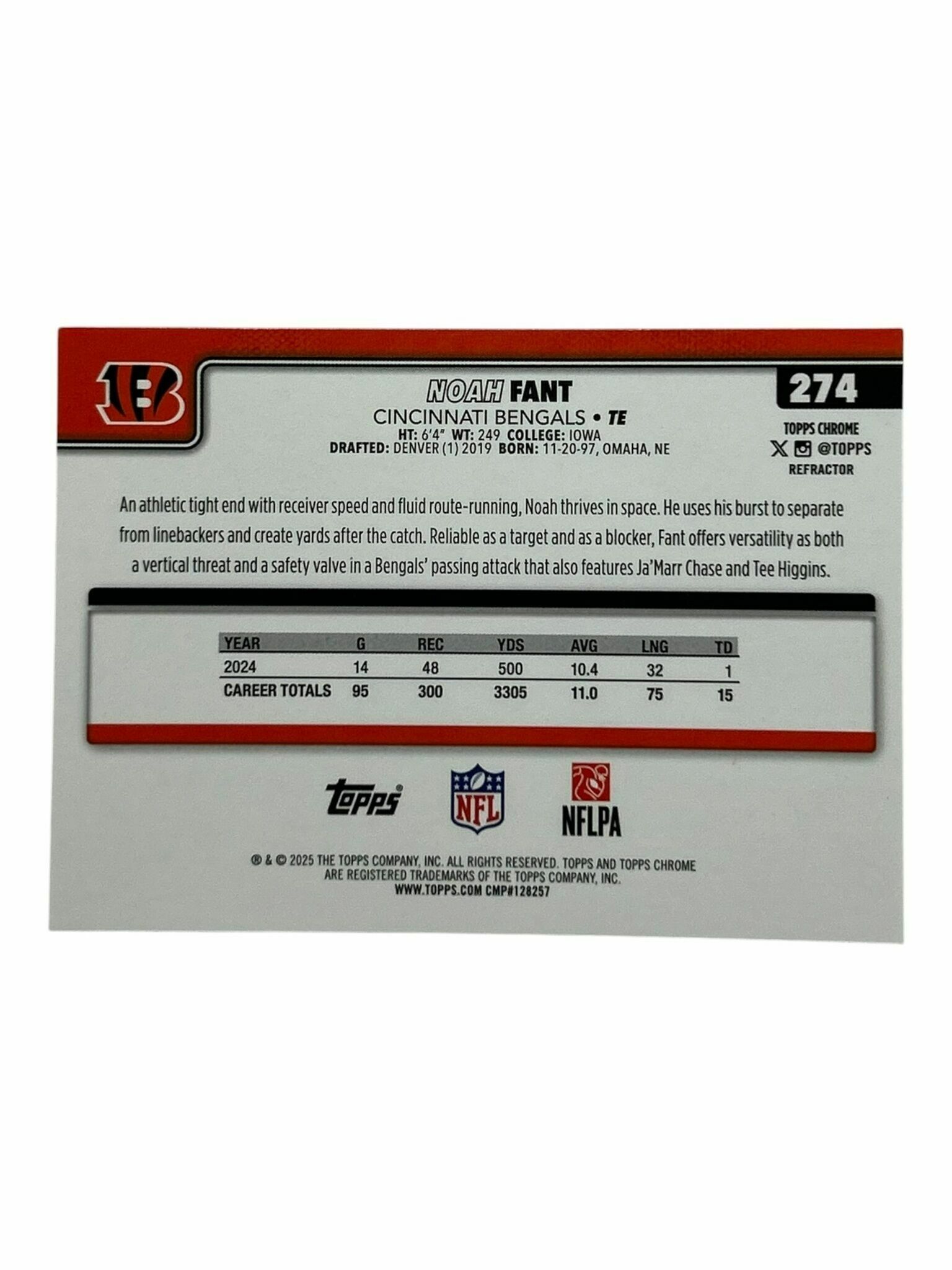 Noah Fant 2025 Topps Chrome Football Silver Holo Trading Card
