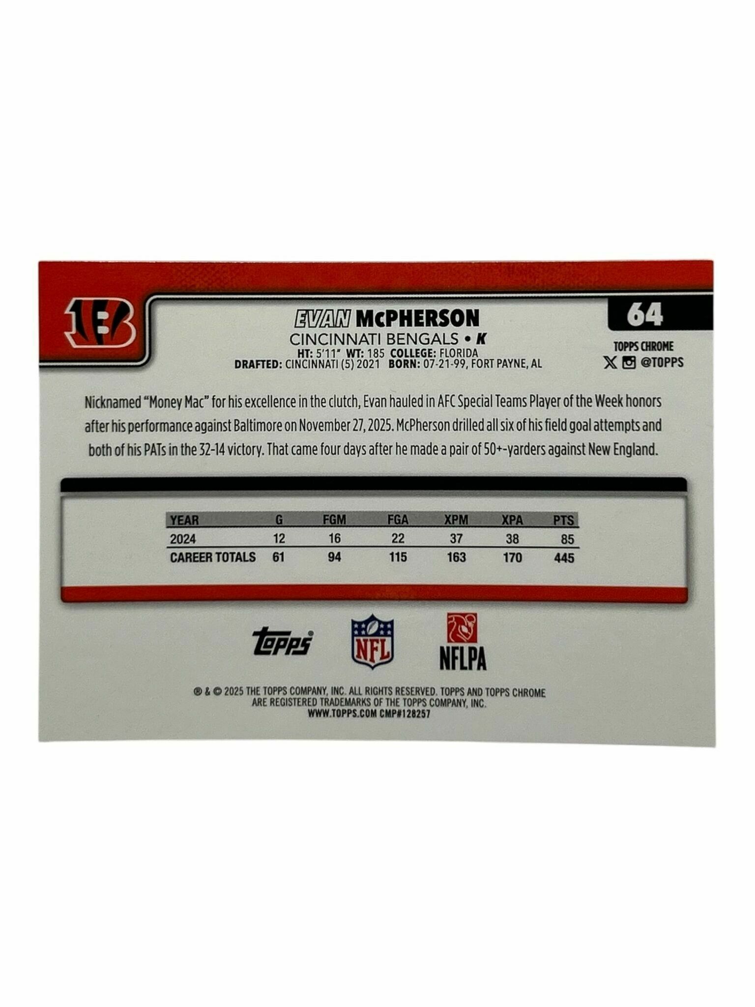 Evan McPherson 2025 Topps Chrome Football Trading Card