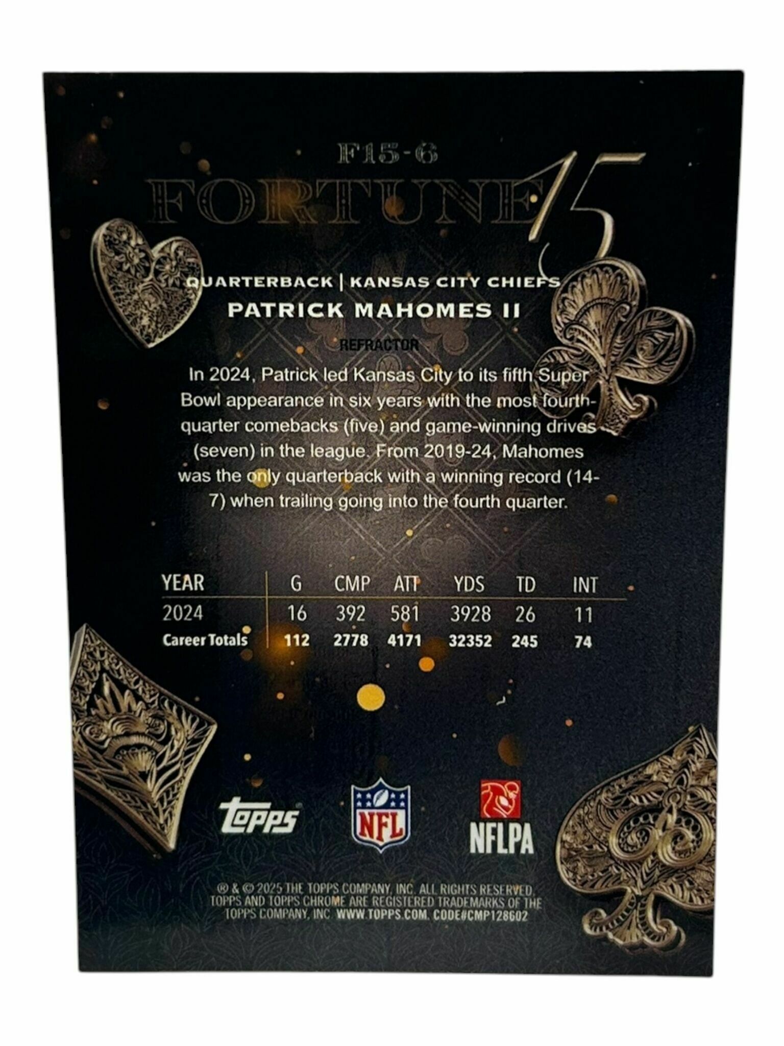 Patrick Mahomes 2025 Topps Chrome Football Fortune 15 Holo Silver Trading Card