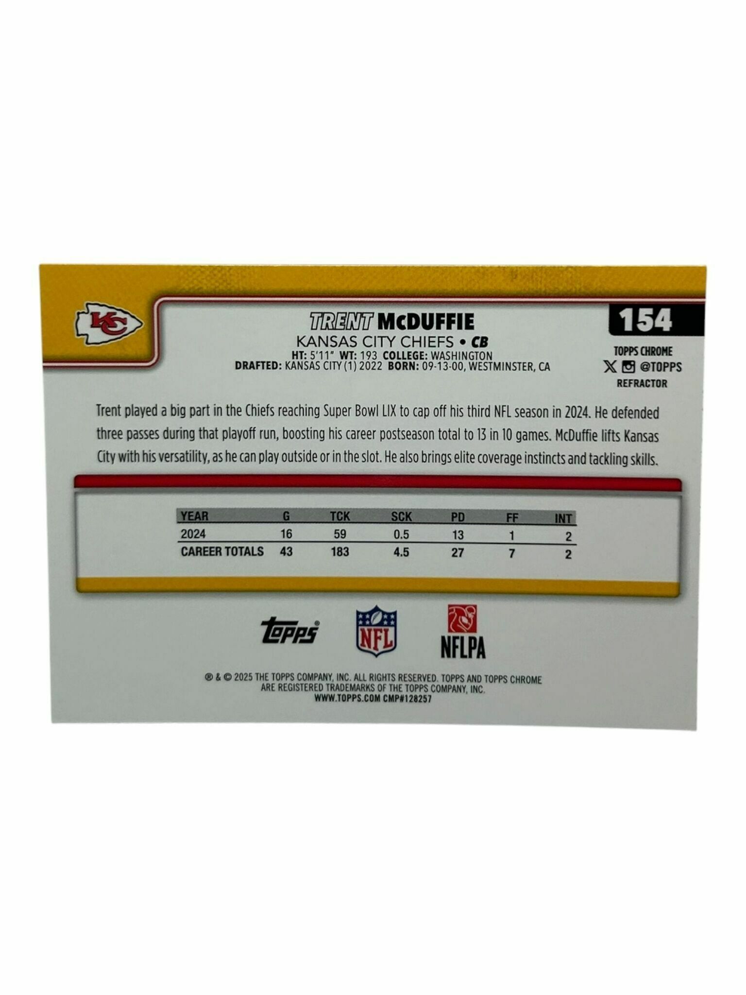 Trent McDuffie 2025 Topps Chrome Football Holo Silver Trading Card
