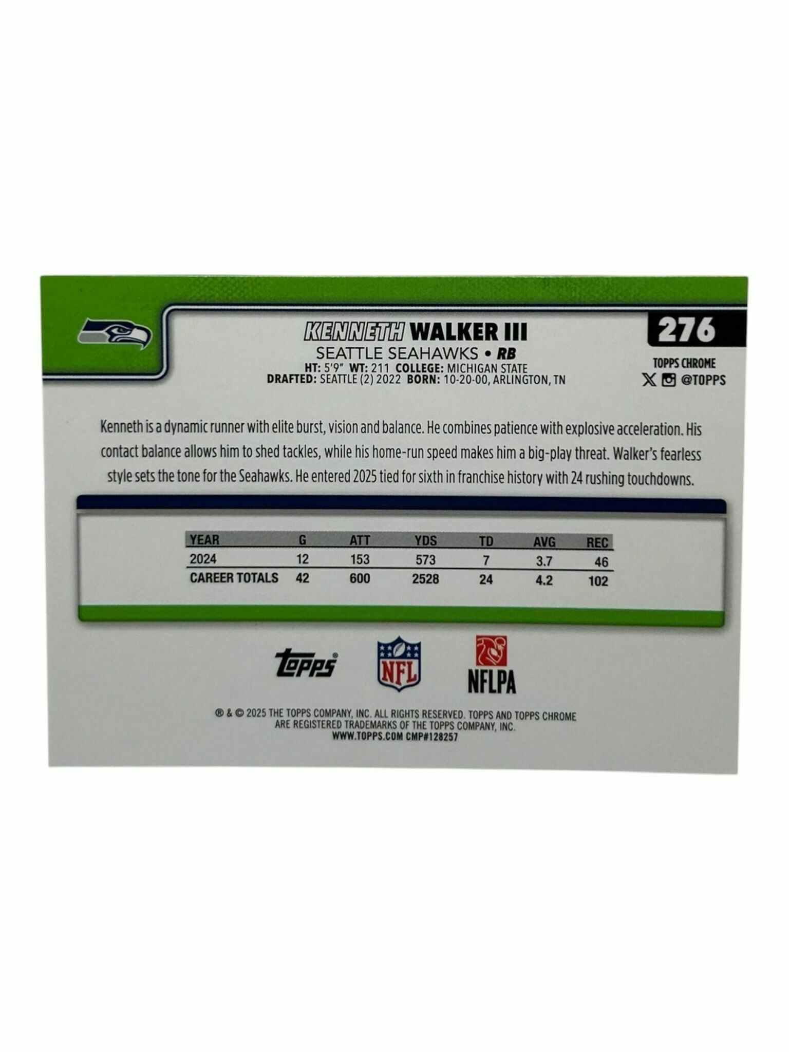 Kenneth Walker III 2025 Topps Chrome Football Trading Card