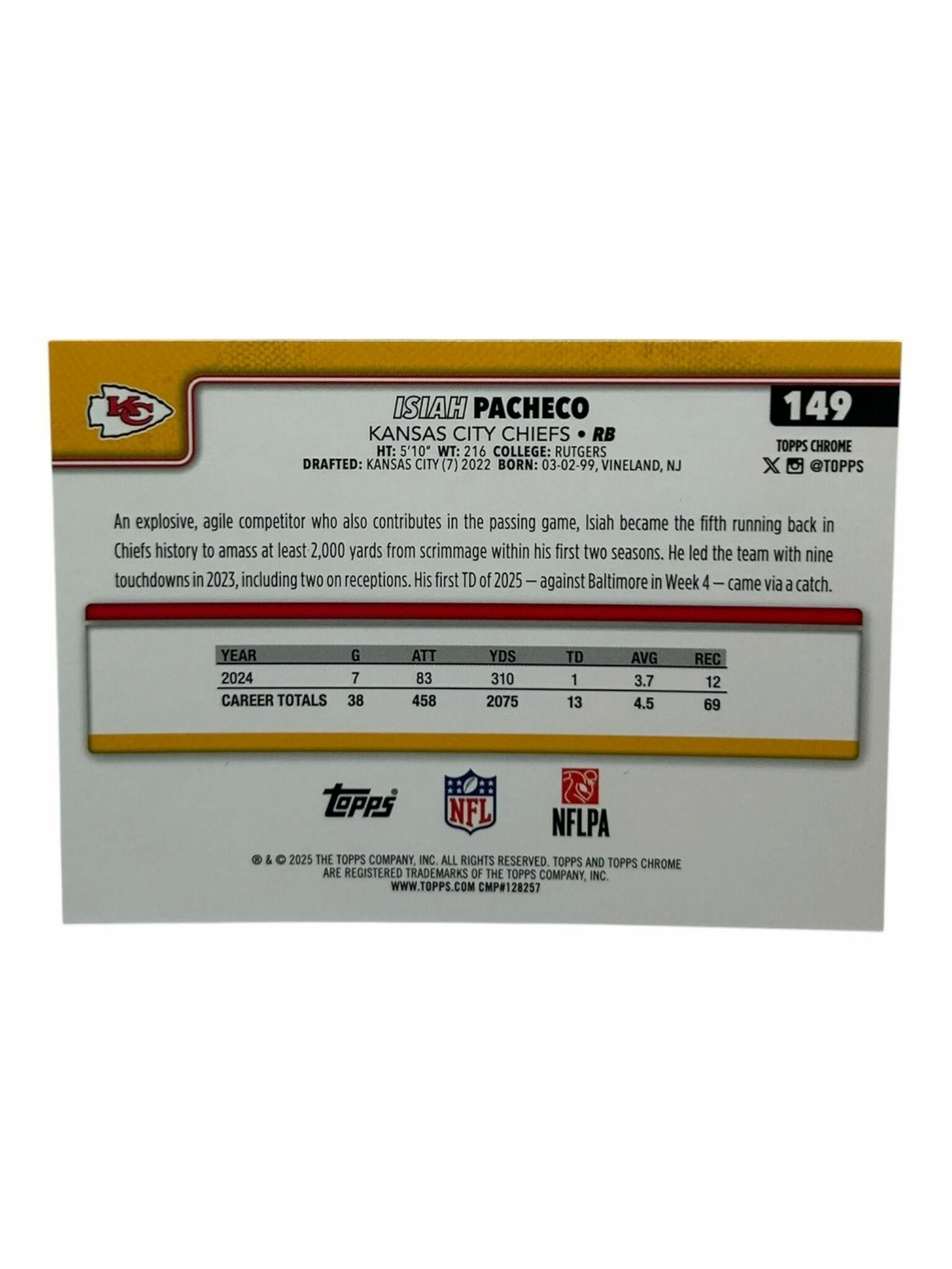 Isiah Pacheco 2025 Topps Chrome Football Hot Pink X-Fractor Holo Trading Card