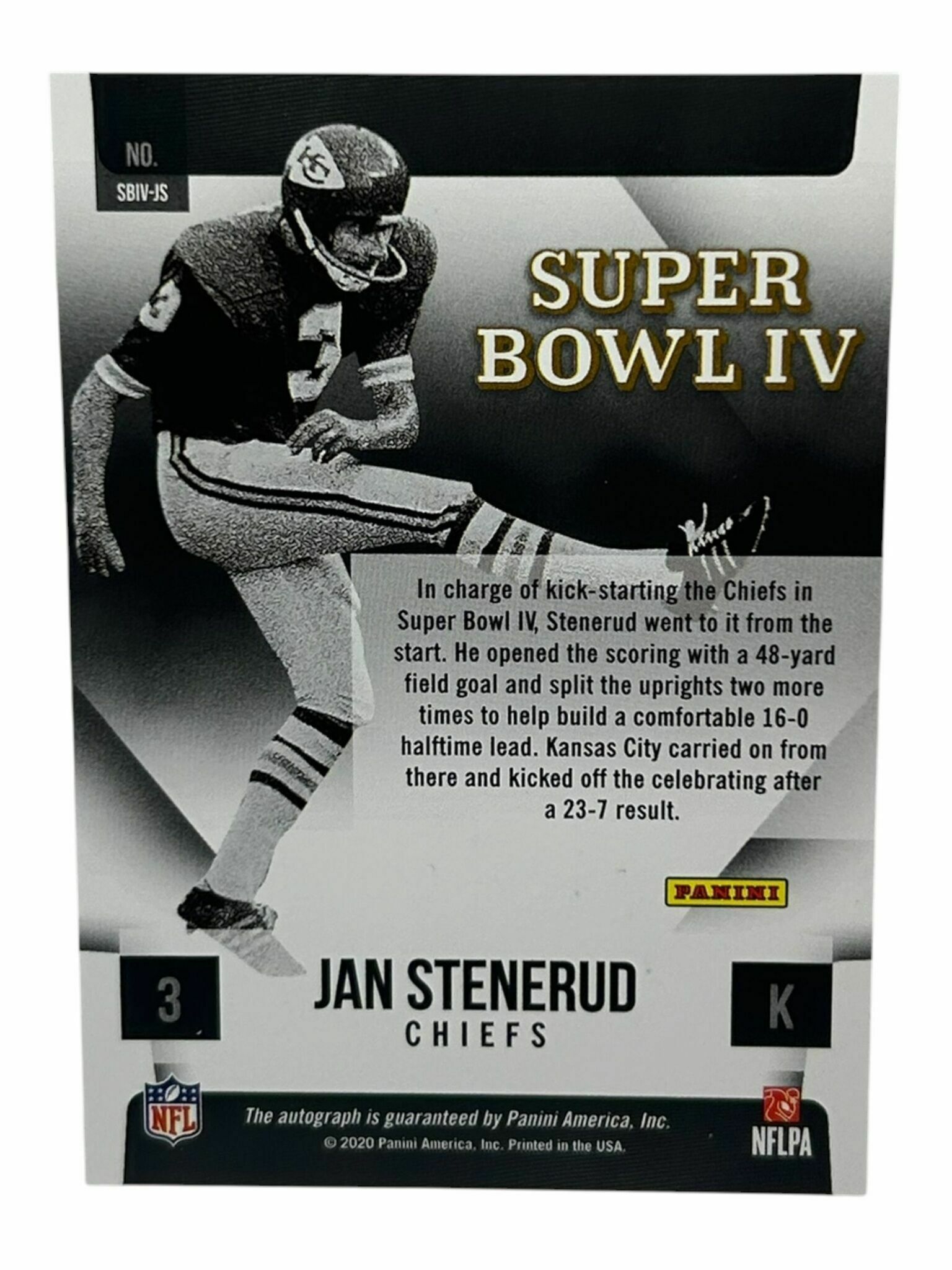 Jan Stenerud 2020 Panini Football Super Bowl IV On-Card Autograph Prizm Trading Card