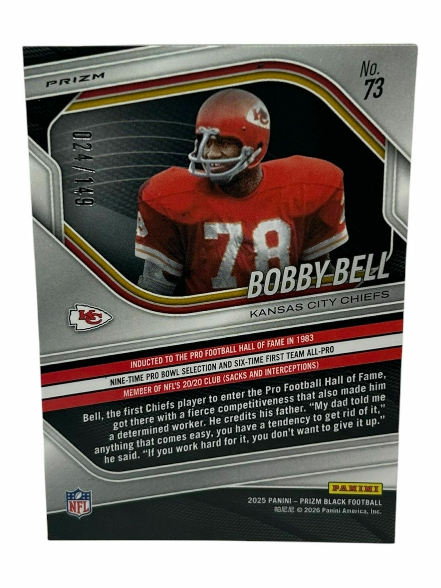 Bobby Bell 2025 Panini Prizm Black Football Purple Cracked Ice /149 Prizm Trading Card