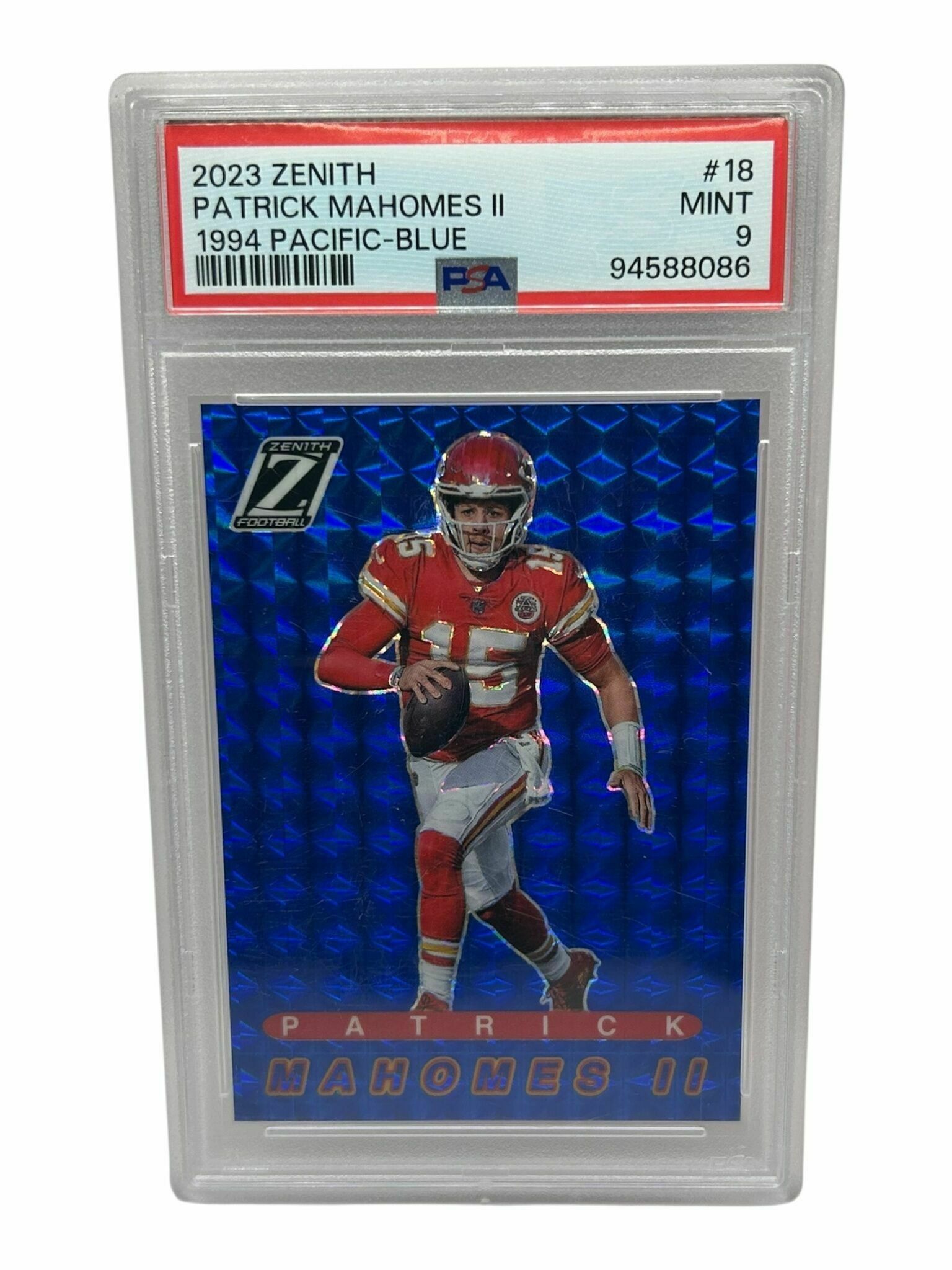 Patrick Mahomes 2023 Panini Zenith Football 1994 Pacific Blue Prizm Trading Card - PSA Grade 9 Mint