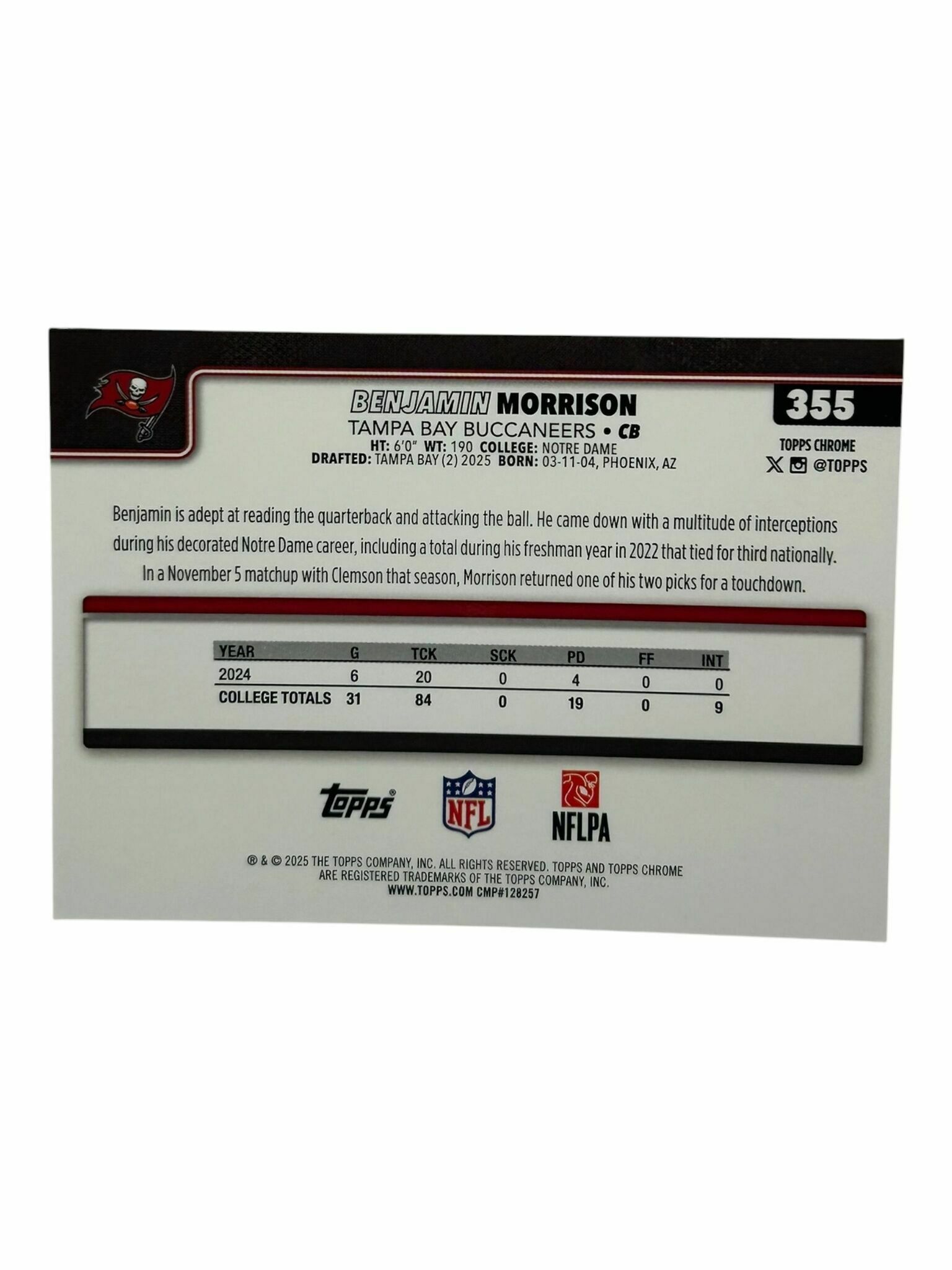 Benjamin Morrison 2025 Topps Chrome Football Rookie Trading Card