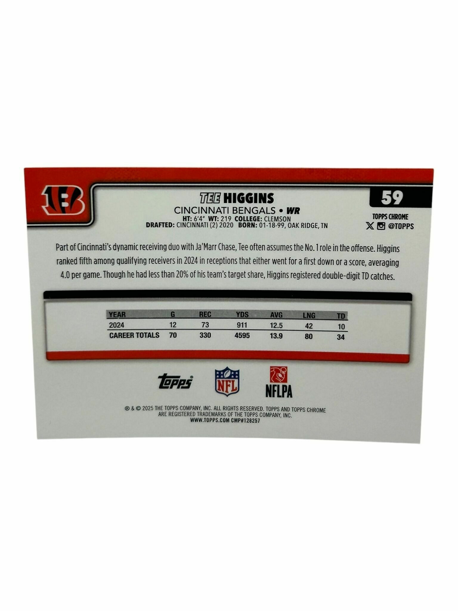 Tee Higgins 2025 Topps Chrome Football Silver X-Fractor Holo Trading Card