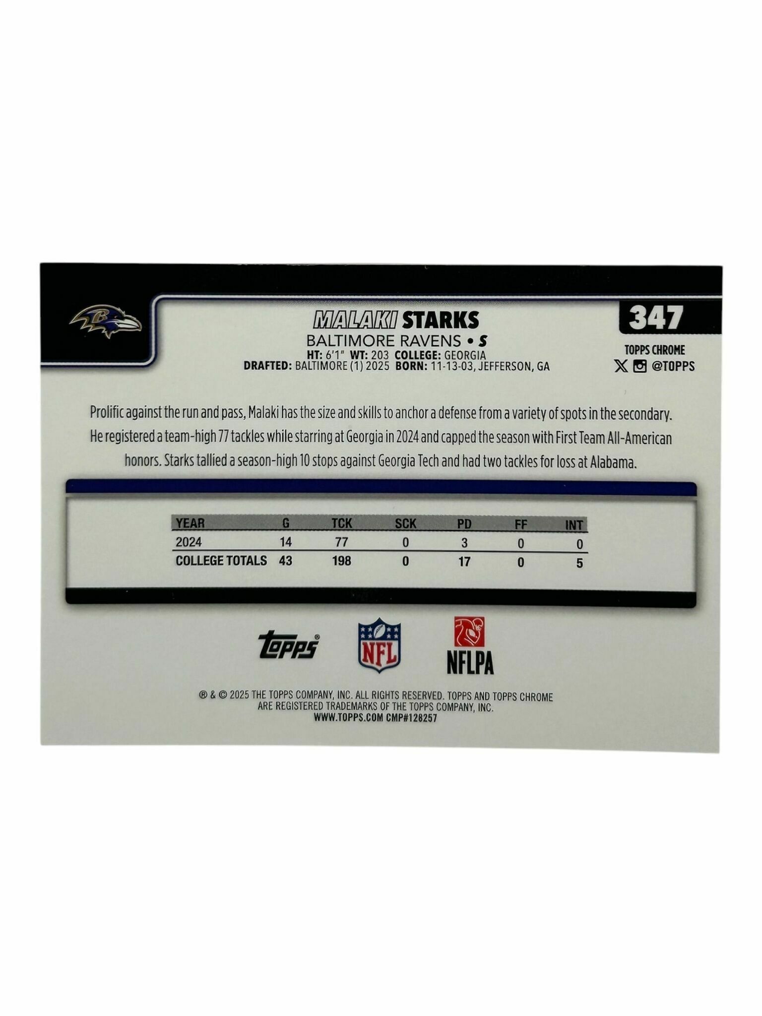 Malaki Starks 2025 Topps Chrome Football Rookie Trading Card