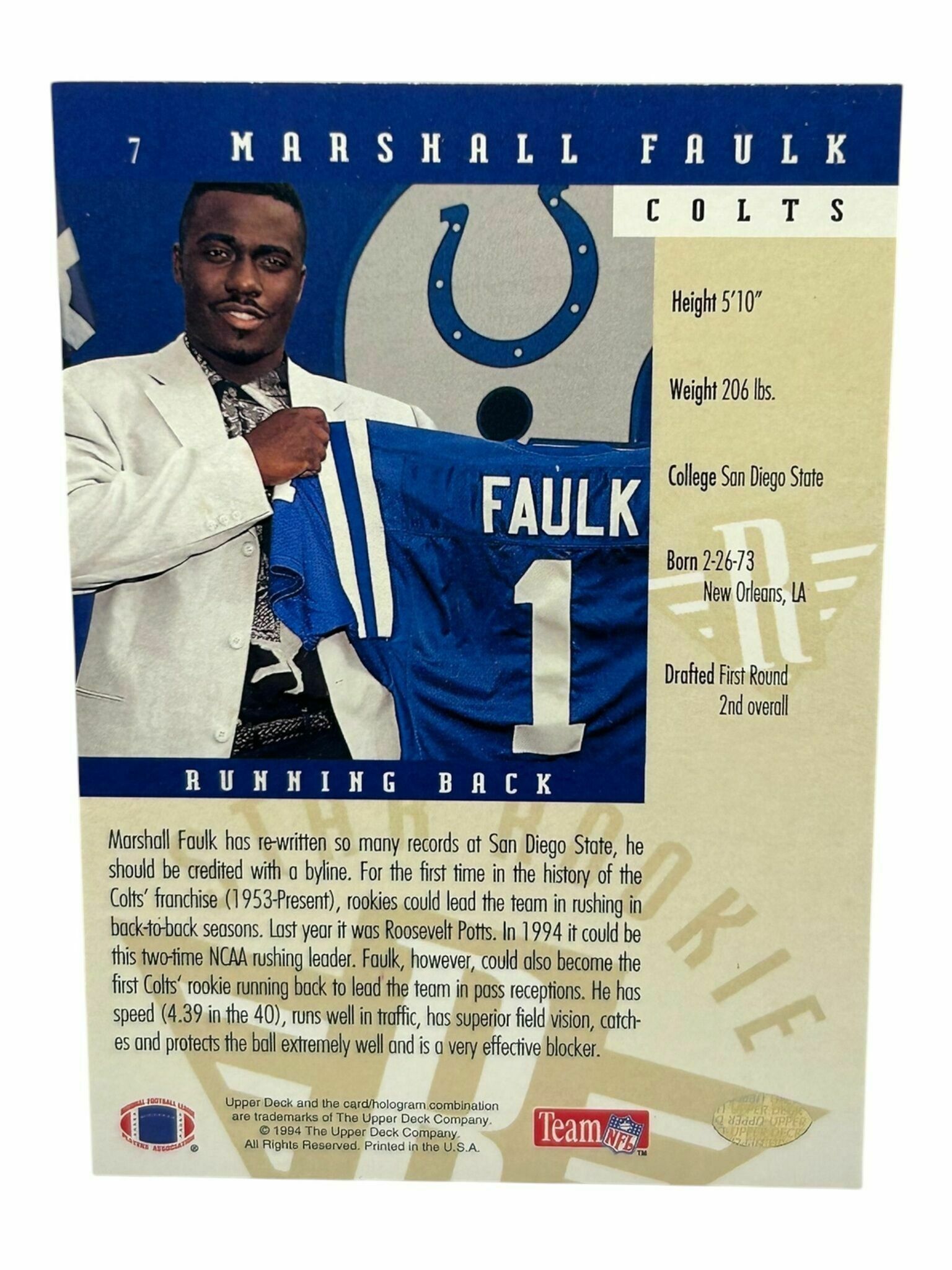 Marshall Faulk 1994 Upper Deck Football Star Rookie Gold Foil Rookie Trading Card