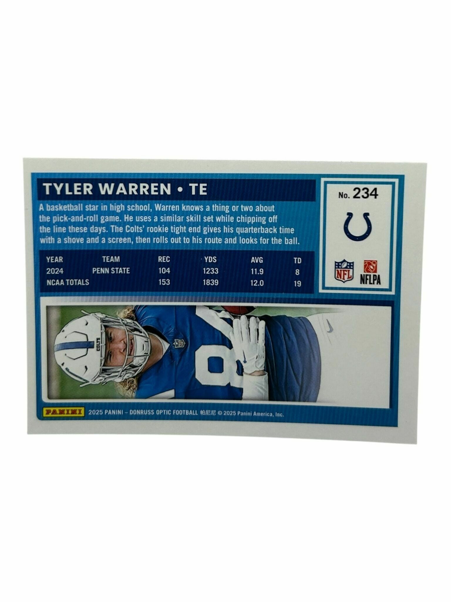 Tyler Warren 2025 Panini Donruss Optic Football Rated Rookie Trading Card
