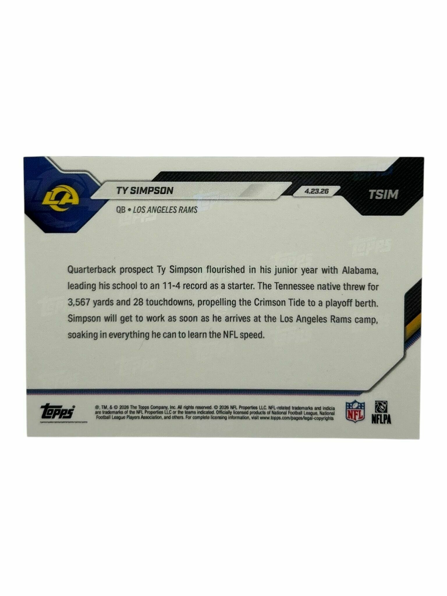 Ty Simpson 2025 Topps Now Football 2026 Draft 13th Overall Pick Rookie Trading Card